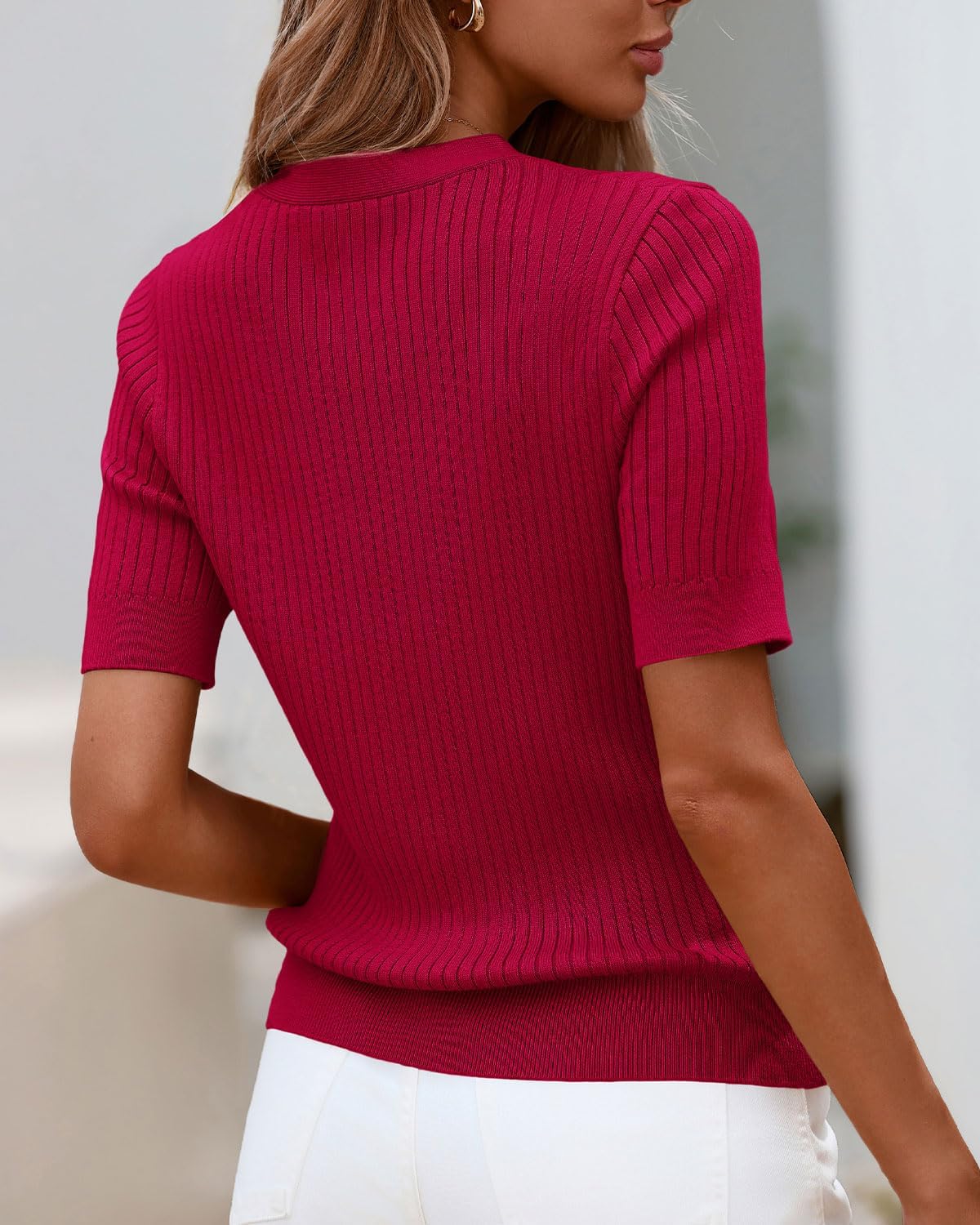 Zenlonr Women's 2025 Summer Button Down Shirts Casual Short Sleeve Blouse Tops V Neck Ribbed Knit Cardigans - Image 5