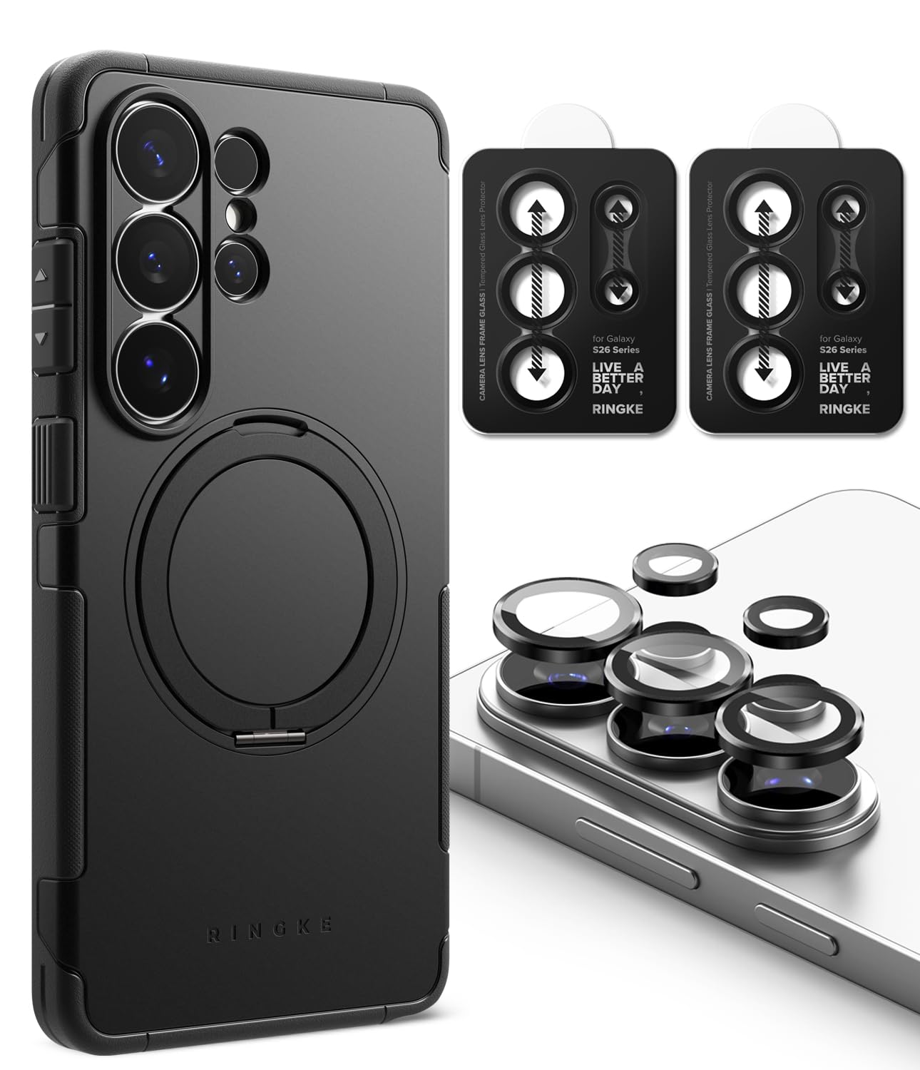Ringke Pack de Funda + Protector Cámara para Samsung Galaxy S26 Ultra: Alles [Negro] + Camera Lens Frame Glass [2 Unidades]