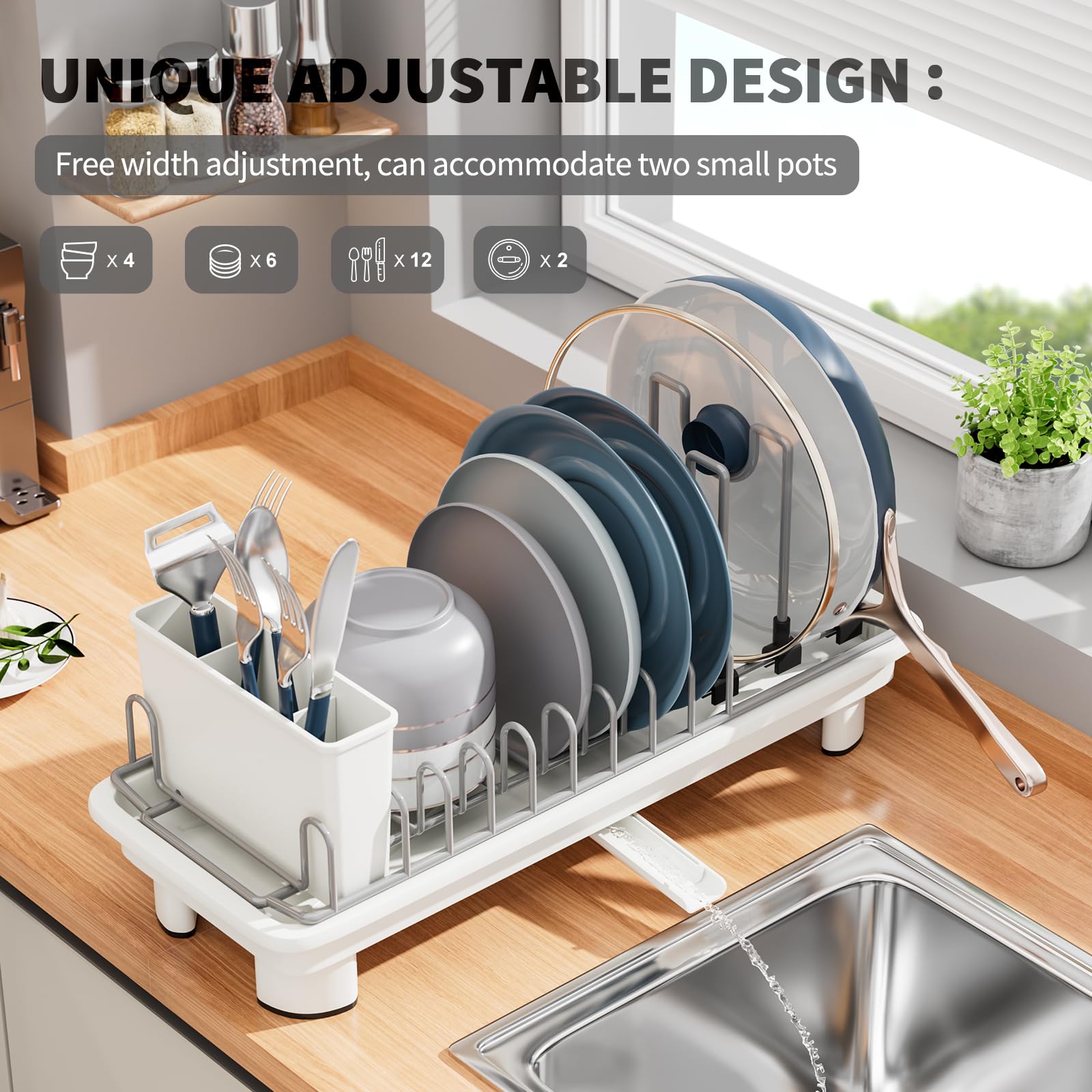 SanDream Escurridor de platos pequeño, estante compacto para encimera de cocina con soporte extraíble para cubiertos, boquilla giratoria de 360°, escurridor de platos multifuncional de acero