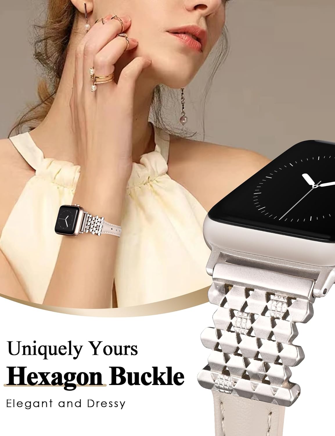 Wearlizer Leather Band Compatible with Apple Watch Bands Women 38/40/41/42/44/45/46/49mm, Dressy Fancy Interlocking Hexagon Buckle Strap for iWatch Series 11 10 9 8 7 6 5 4 3 SE/Ultra 3 2 1 - Image 4