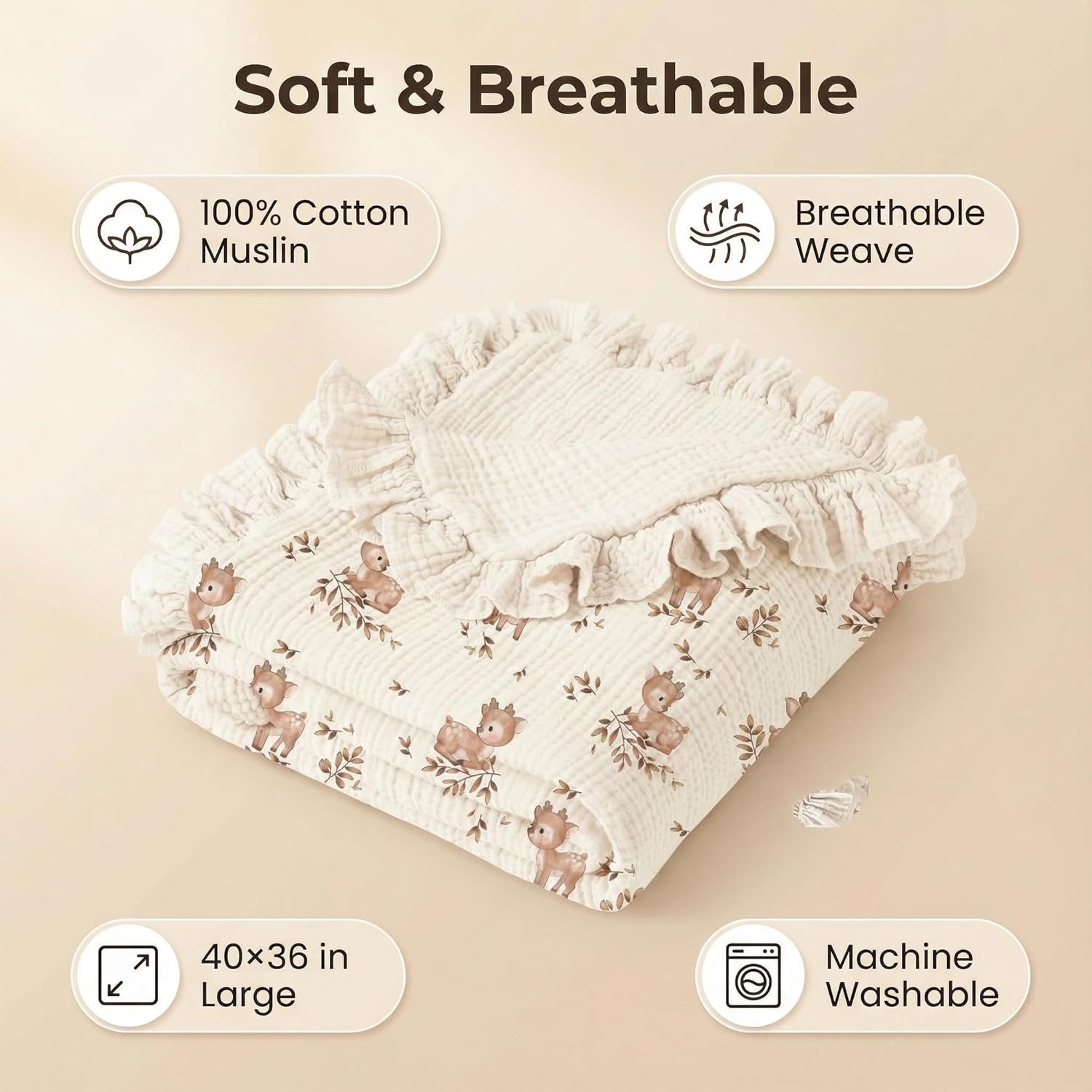 Muslin Baby Blanket Flounce Design Cotton Nursery Blanket – Deer and Leaf Pattern Super Soft Lightweight Crib Blanket for Baby Infant Toddler, 40" x36