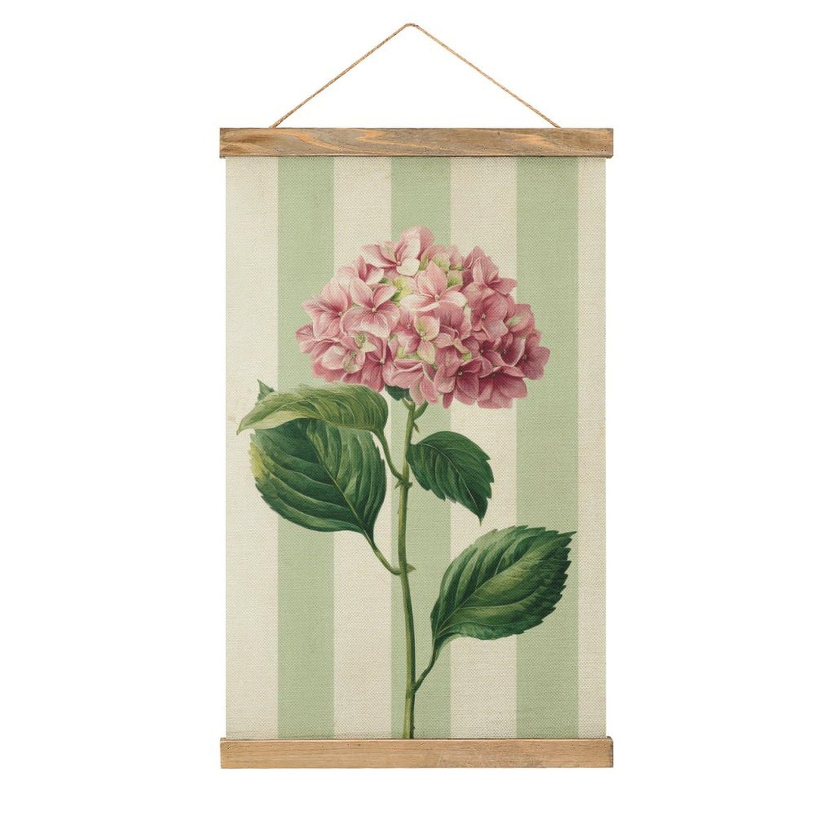 Jubonexis Pink Hydrangea on White Green Striped Canvas Painting Wood Frames Poster Hanger Hanging Picture Kit Wall Art