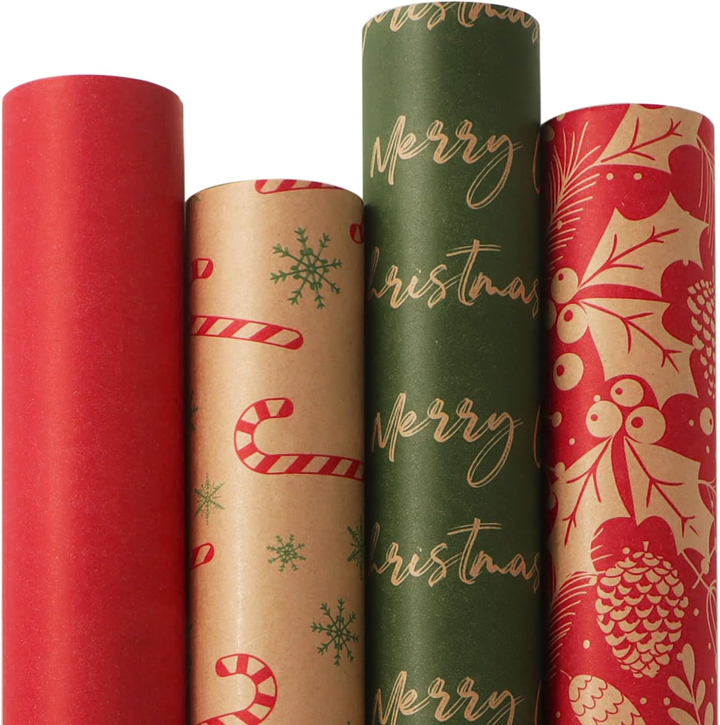 Ribbli Christmas Wrapping Paper, Vintage Christmas Style, 30 inch x 120 inch(10ft) Per Roll, Total 4 Rolls, Brown Kraft Paper with Black Pattern