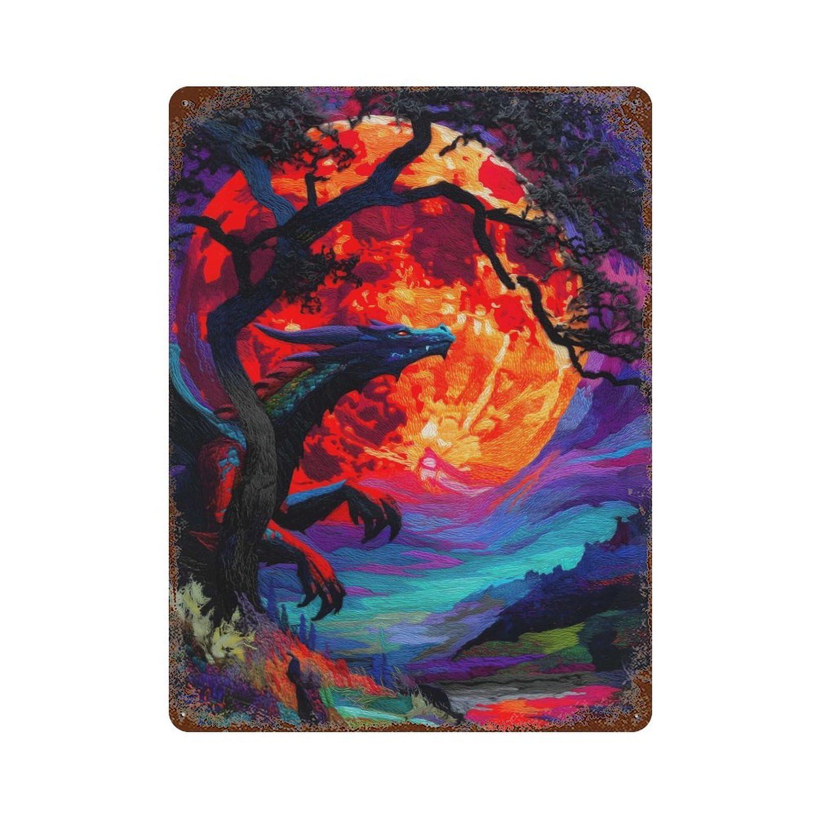 Rustic Tin Plaque with Dragon Under Blood Moon Design 15.7"x11.8", for Cafe, Home Bar And Lounge Decor, Industrial Home Decor
