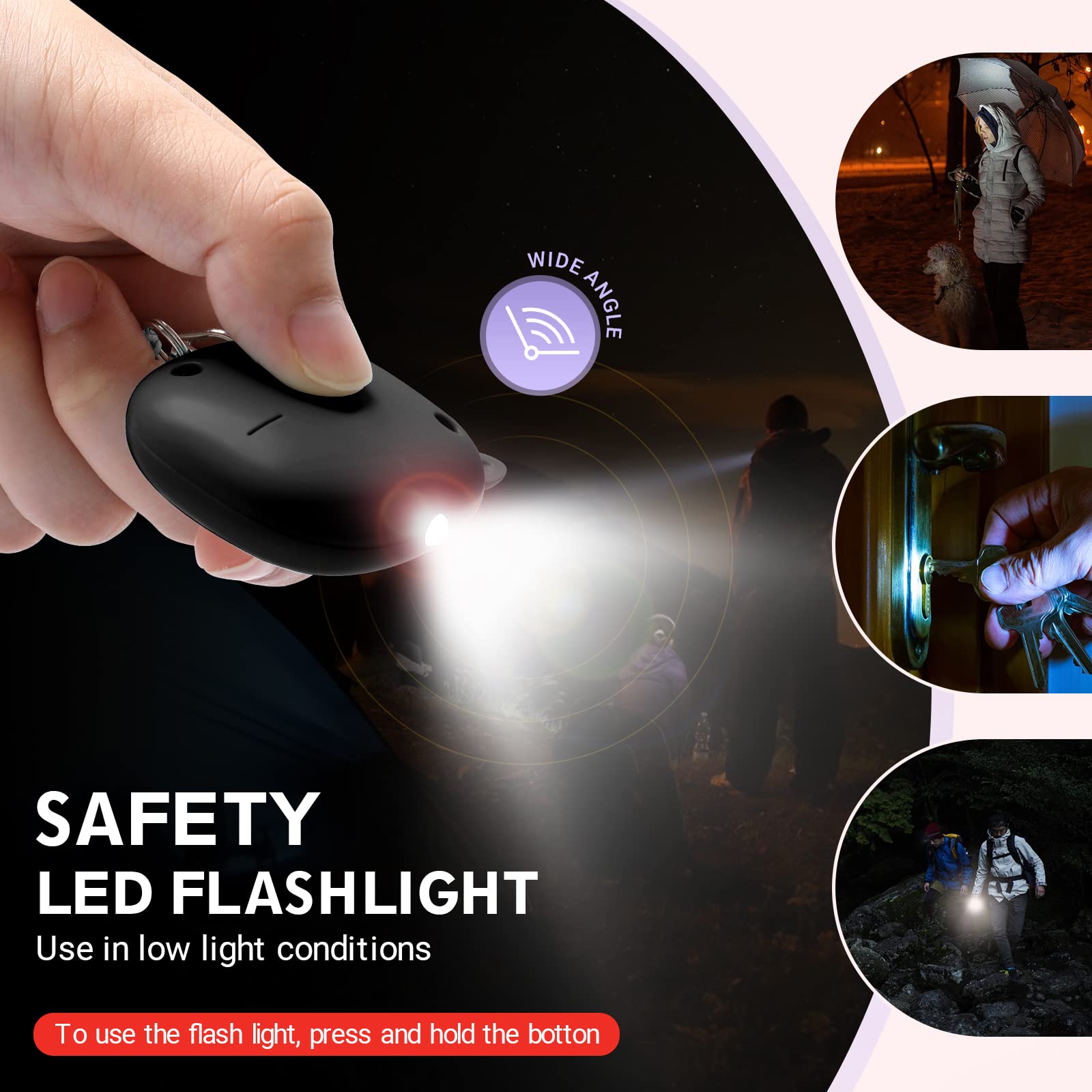Allarme personale con suono sicuro, 130 dB, sirena di emergenza, portachiavi con luce LED, sirena di sicurezza sonora personale per donne, uomini, bambini, anziani (nero)