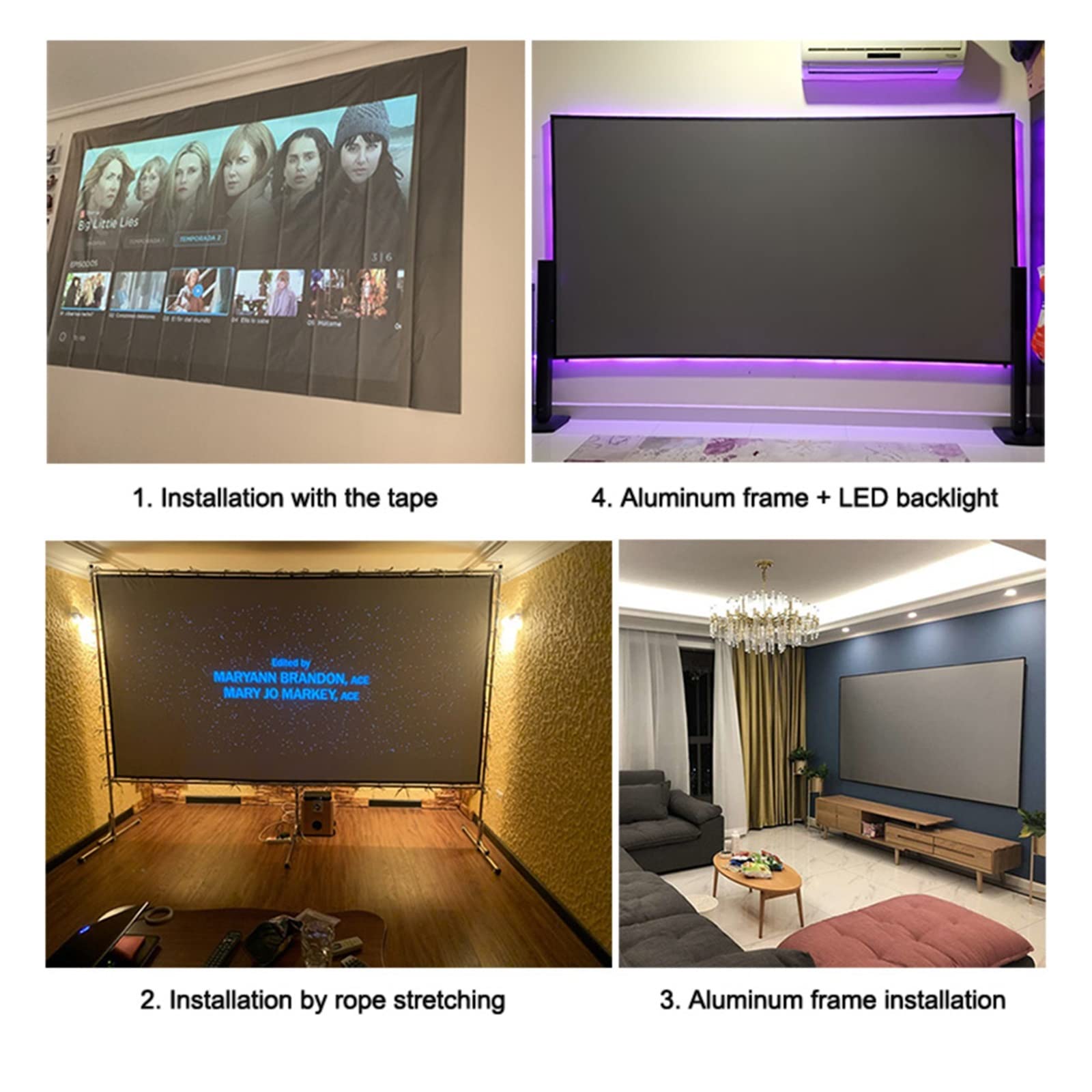 Ekran Kina Domowego Prosty przenośny ekran projektora anty-lekka tkanina odblaskowa do domowego biura na zewnątrz kurtyna HD 3D 4K zwiększa jasność(133 inch)