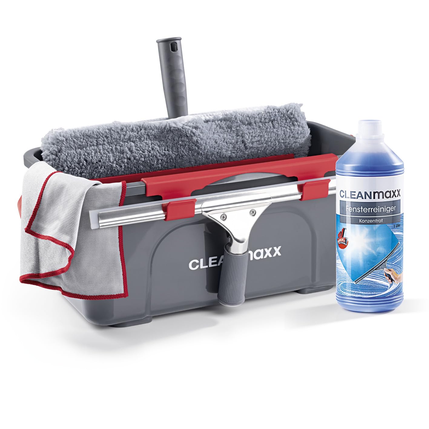 CLEANmaxx Fensterreiniger Set | 7-TLG. Fensterputzer Set für Oberflächen in Haus & Auto - inklusive Fensterabzieher, Fensterwischer, Reiniger, Wischtuch, Eimer und Halterungen für Wischer & Abzieher