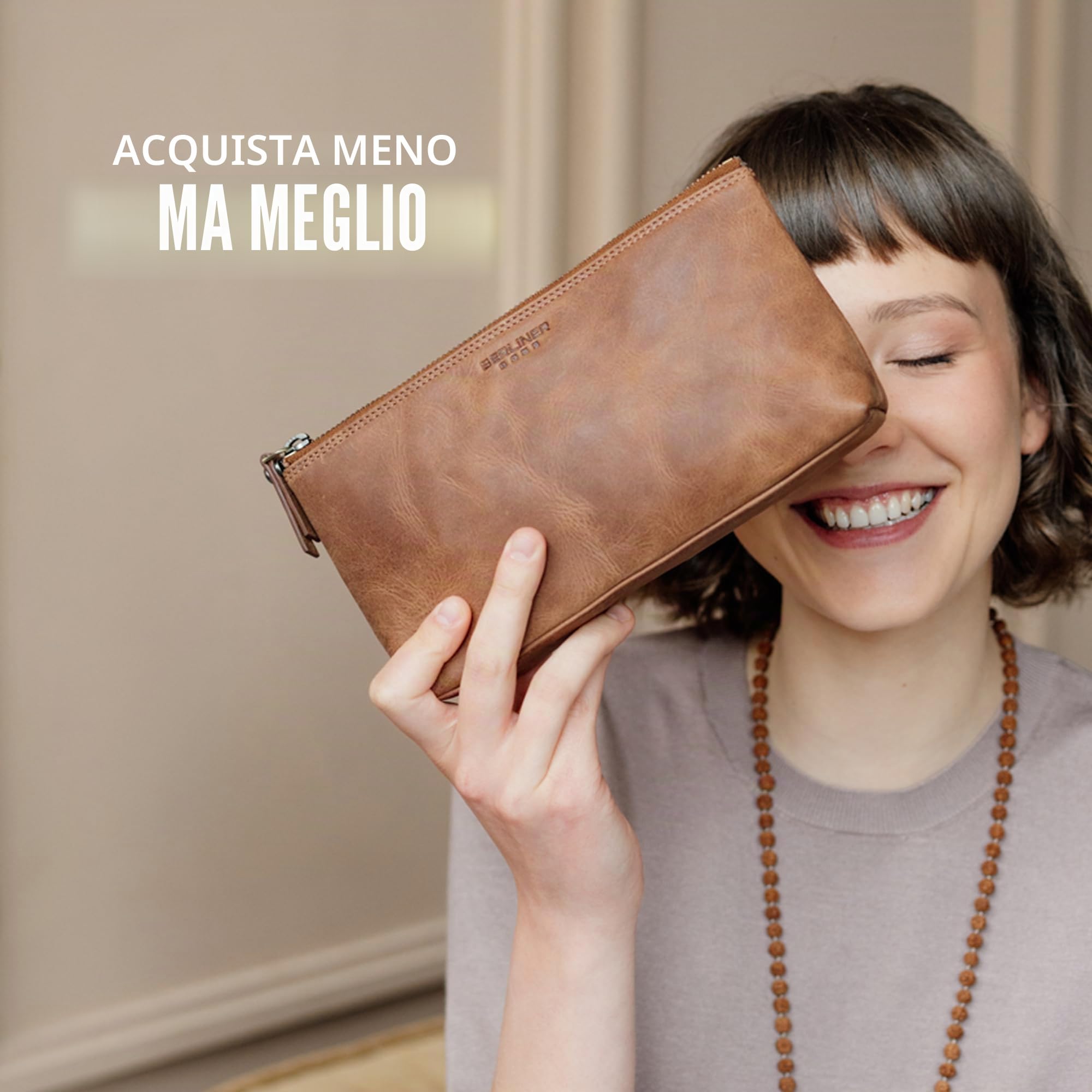 Berliner Bags Trousse Porta Cosmetici Anna S in Vera Pelle, Pochette Compatta con Zip per Make-up e Accessori da Viaggio, Donna – Marrone