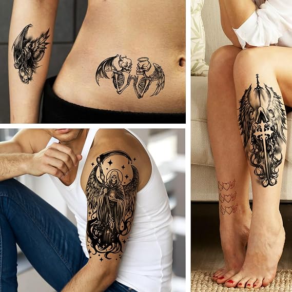 77 Sheets Temporary Tattoos for Adults and Kids, Angels and Demons Waterproof Fake Tattoos, Half Arm and Small Black Tattoo Stickers, Wings Cupid God Goddess Tattoo Design