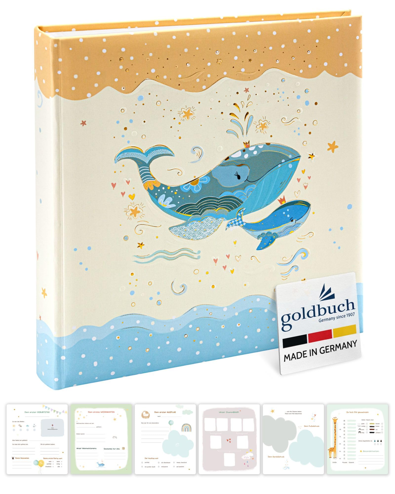 goldbuch 15 395 Babyalbum Blue Whale, Babybuch 30 x 31 x 4 cm, Fotoalbum mit 58 weißen Blankoseiten und 4 illustrierten Seiten, Einband aus Kunstdruck mit Wal-Motiv, Album, Fotobuch Beige-Blau