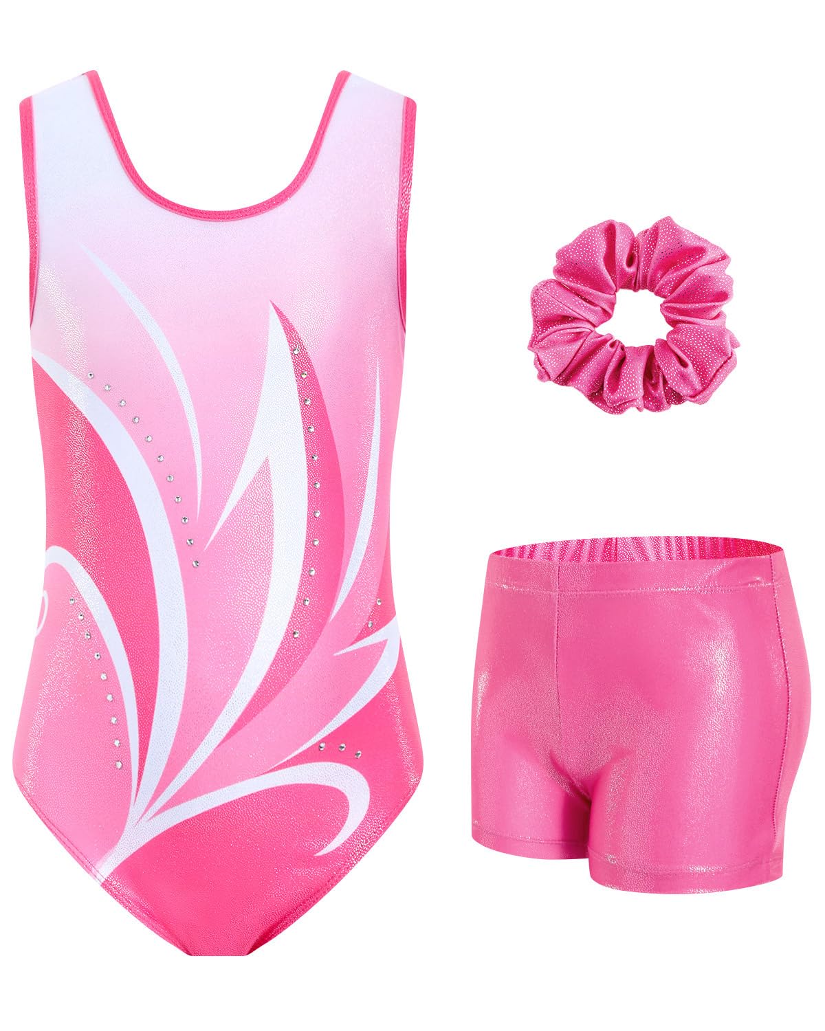 JiAmy Gymnastikanzug Mädchen, Turnanzug Kinder mit Hose Haarband Set, Glänzendes Gymnastik Turnanzug Leotard für 11-12 Jahre