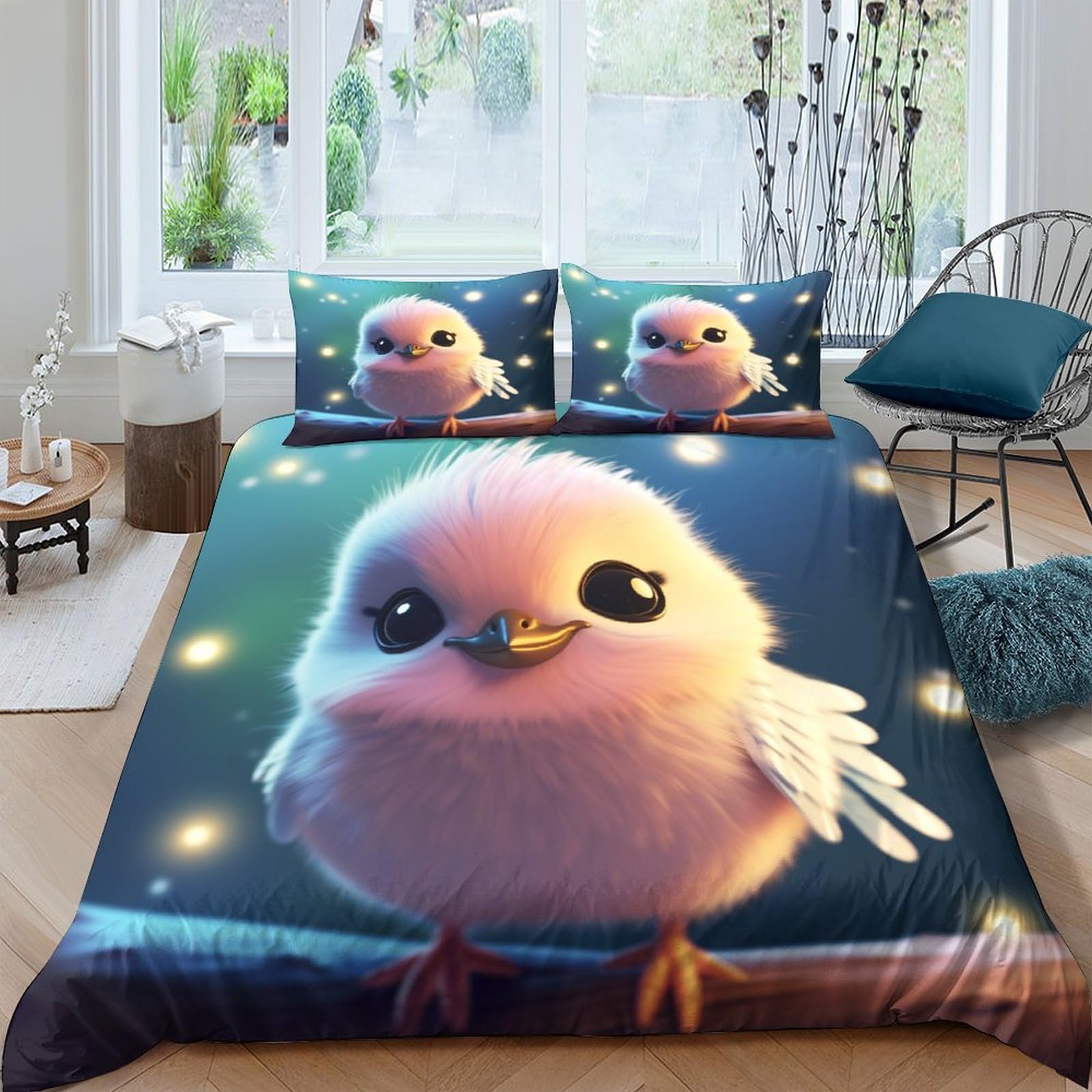 Parure de lit oiseau mignon housse de couette 220x240cm avec taies