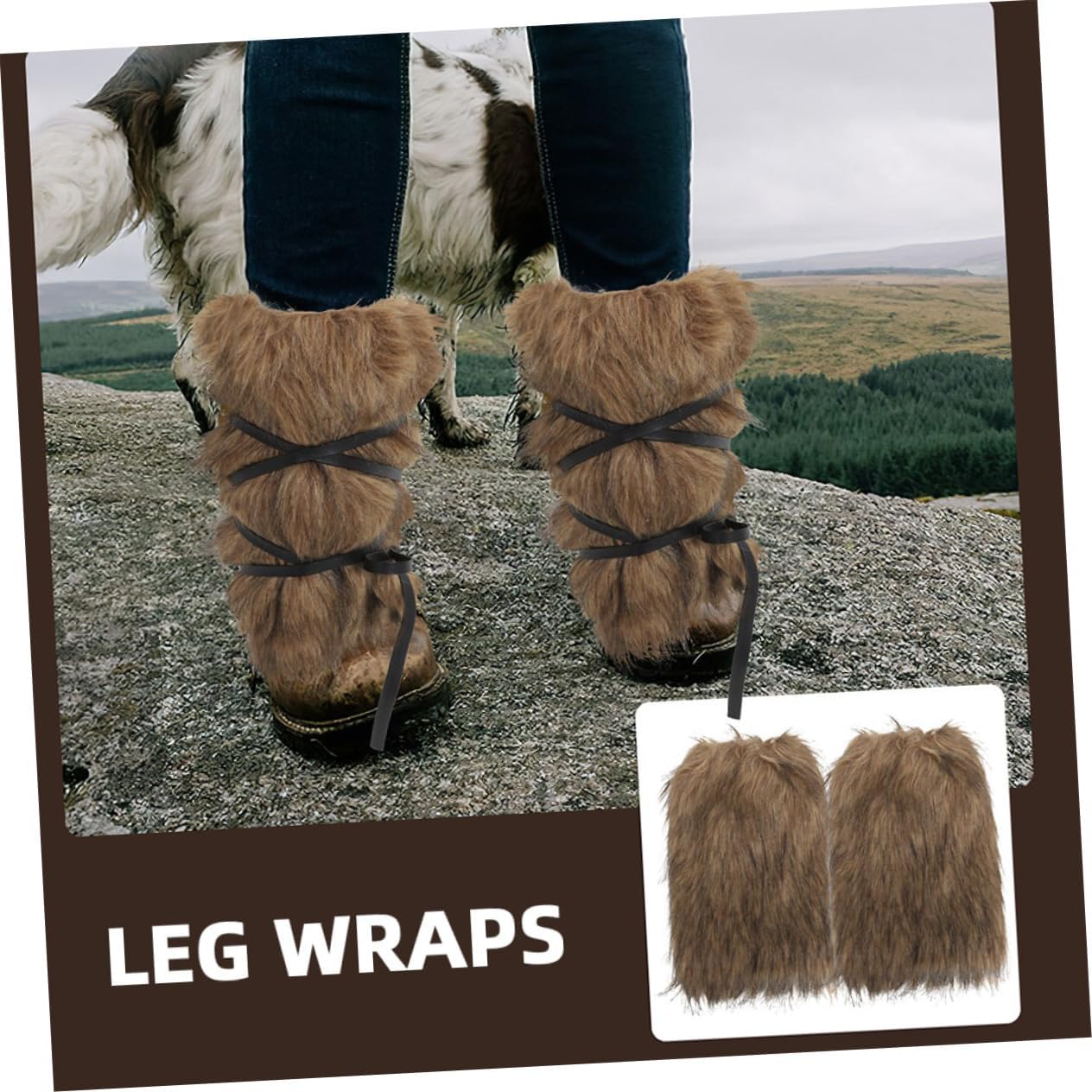 2pcs Faux Fur Viking Leg Warmers Polyester Boot Covers Brown