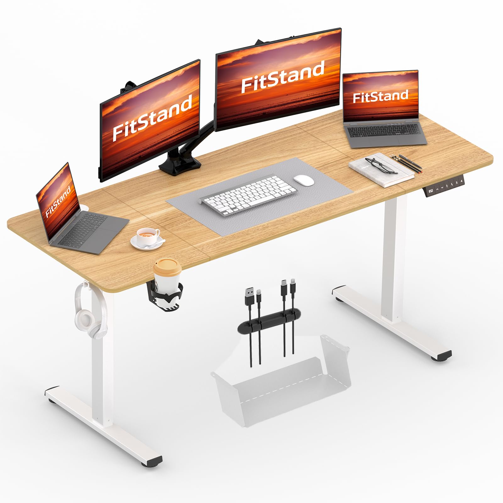 FitStand 180x80CM Electric Standing Desk,Ajustable Sit Stand Desk With Cable Management & UnderDesk Storage Box, Computer Desk With Hooks, Cupholder, Memory Function,Suitable For Office And Home-Maple