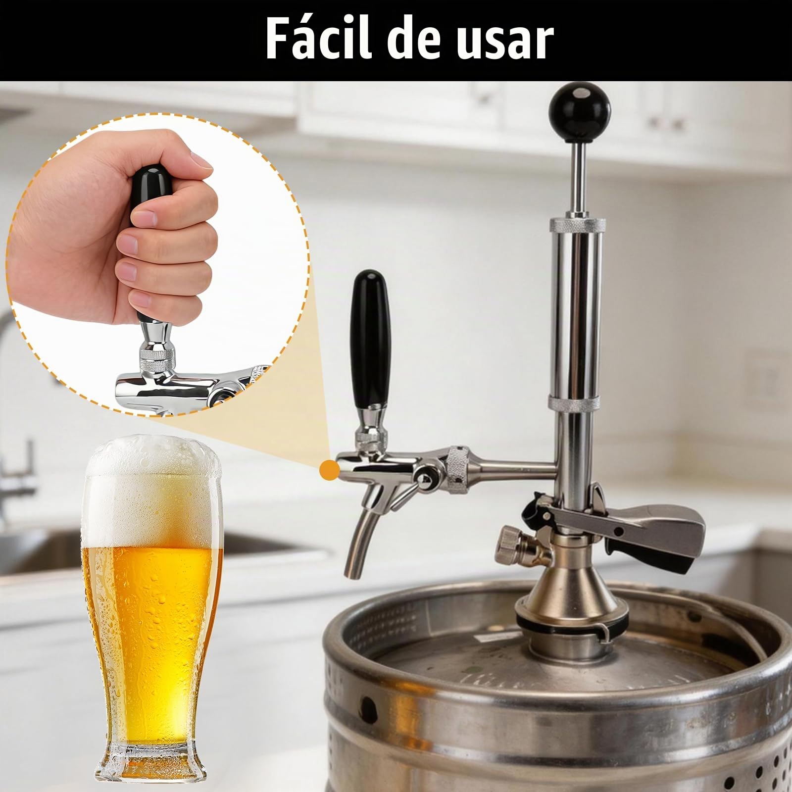 Bomba de Fiesta Para Barril de Cerveza, Grifo de Cerveza de Acero Inoxidable de 4 Pulgadas Kit de Válvula para Barril con Bomba de Aire y Distribuidor Grifo de Pistón