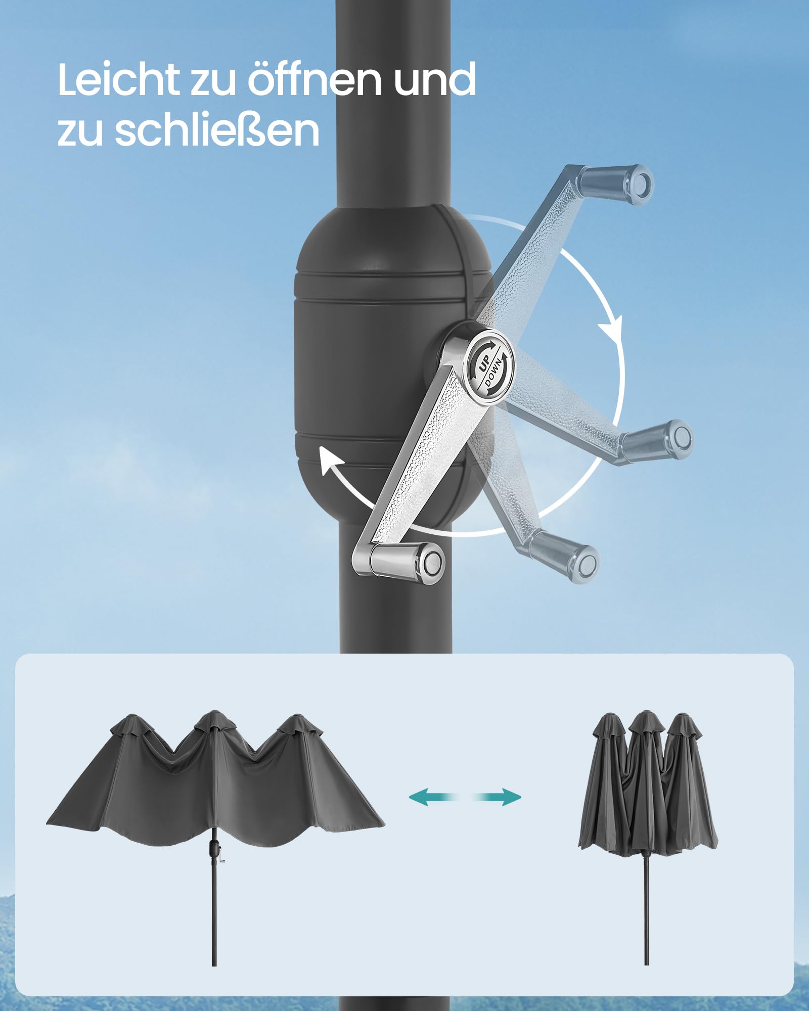 SONGMICS Doppelsonnenschirm 394 x 200 cm, extra großer Sonnenschirm, Gartenschirm, UV-Schutz bis UPF 50+, Terrassenschirm, mit Kurbel, Garten, Balkon, Outdoor, ohne Ständer, schiefergrau GPU037G01