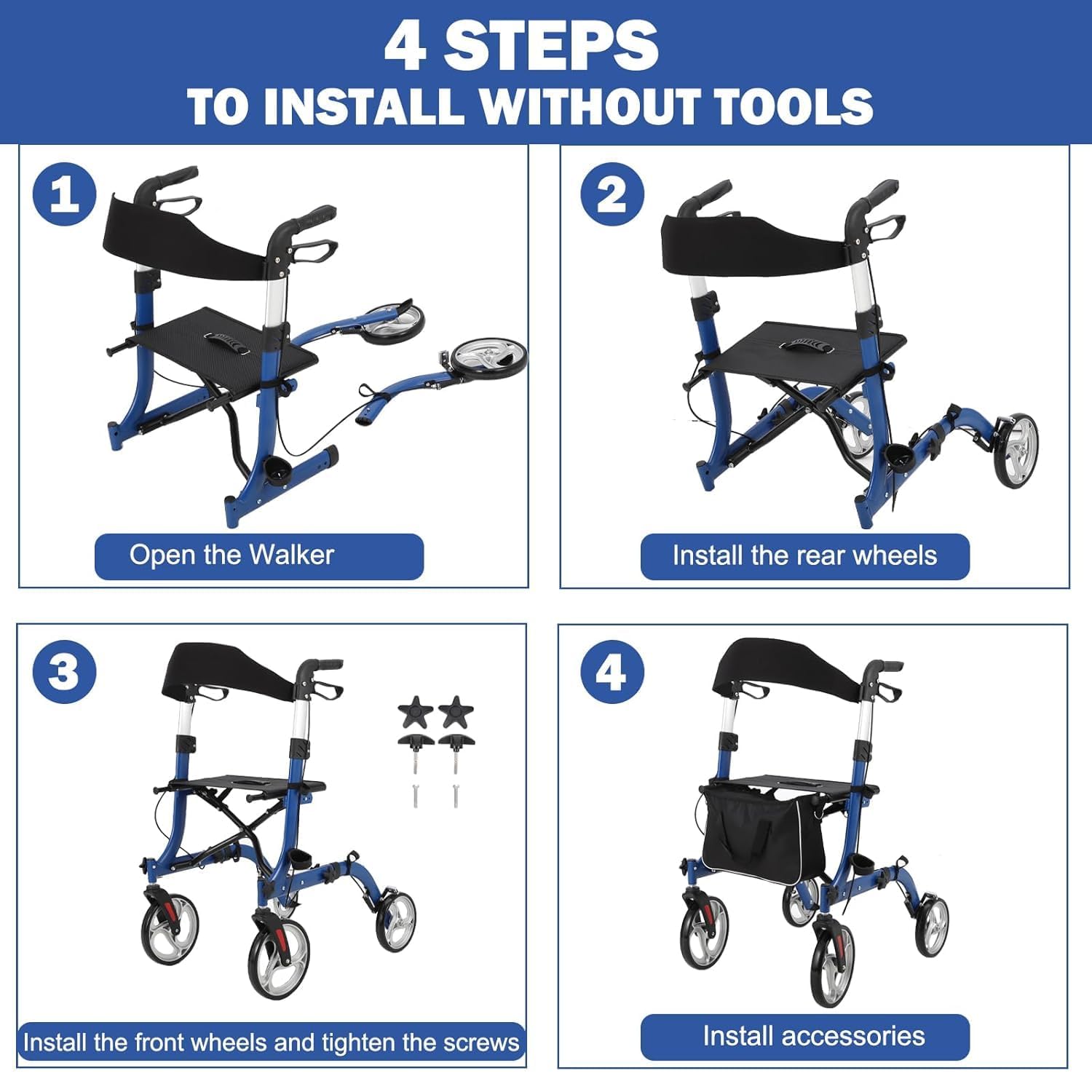 Rollator 2 in 1 per anziani - Deambulatore pieghevole leggero con freni, seduta e schienale - Ruote robuste per tutti i terreni, alluminio, capacità 150kg - Ideale per mobilità e passeggiate