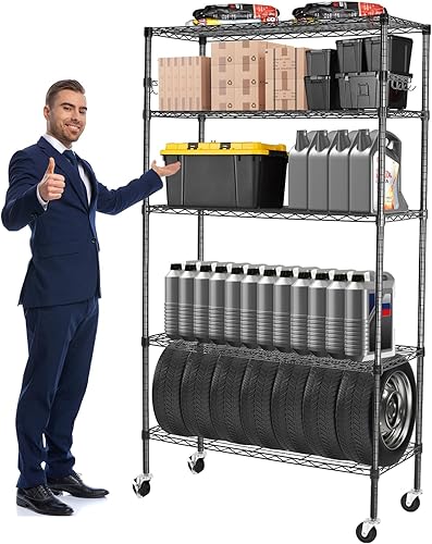 Miniatura 9 de Estantes de almacenamiento de 5 niveles con ruedas, capacidad de 1750 libras, estanterías resistentes, estante de metal ajustable de 14 x 36 x 75