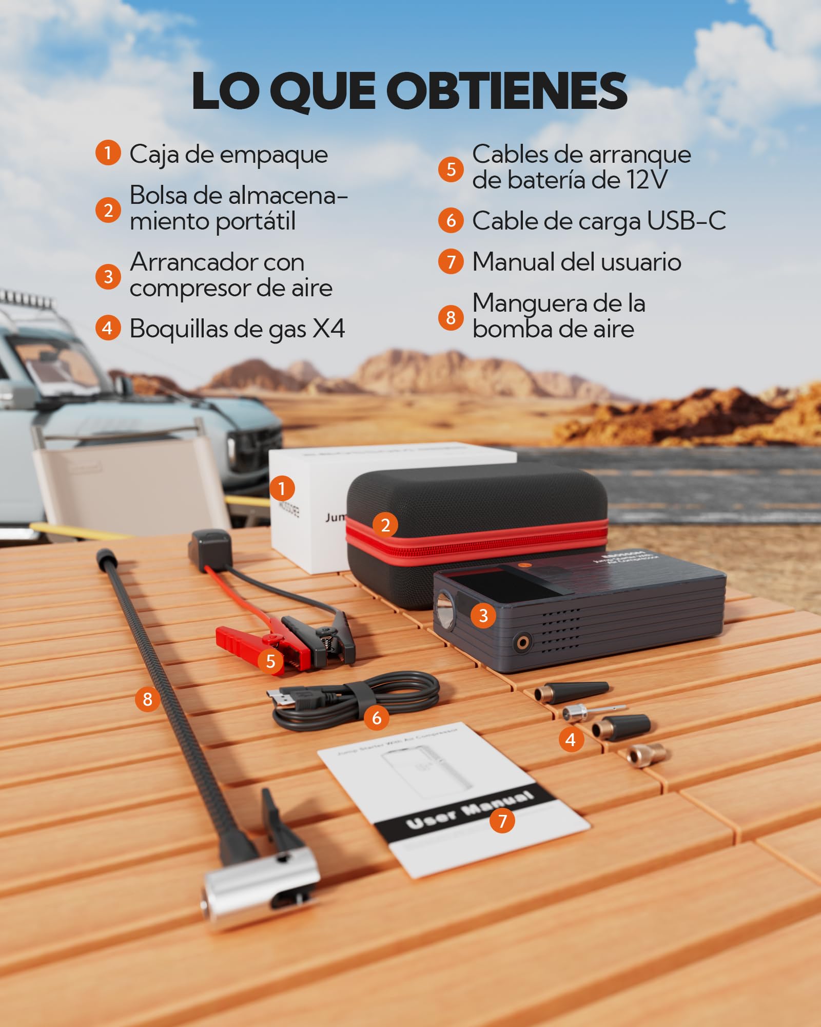 Arrancador de Baterías de Coche,Booster para Coche con Compresor de Aire Portátil 7en1,Arranque de Batería con Inflador para vehículo de 12000 mAh,Kit de Emergencia del Conductor con Linterna LED