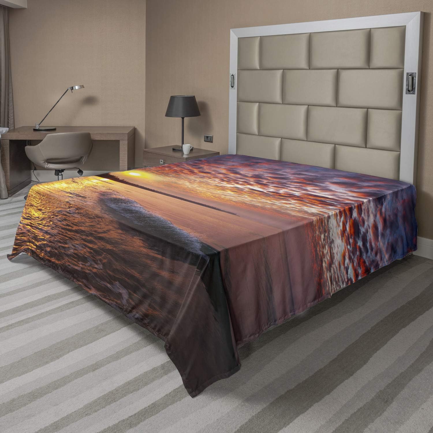 Ambesonne Landscape Flat Sheet, Photo of Sunrise with Cloudy Sky at Seashore Dramatic Dawn Island Forest, Soft Comfortable Top Sheet Decorative Bedding 1 Piece, Queen Size, Orange Mauve Blue