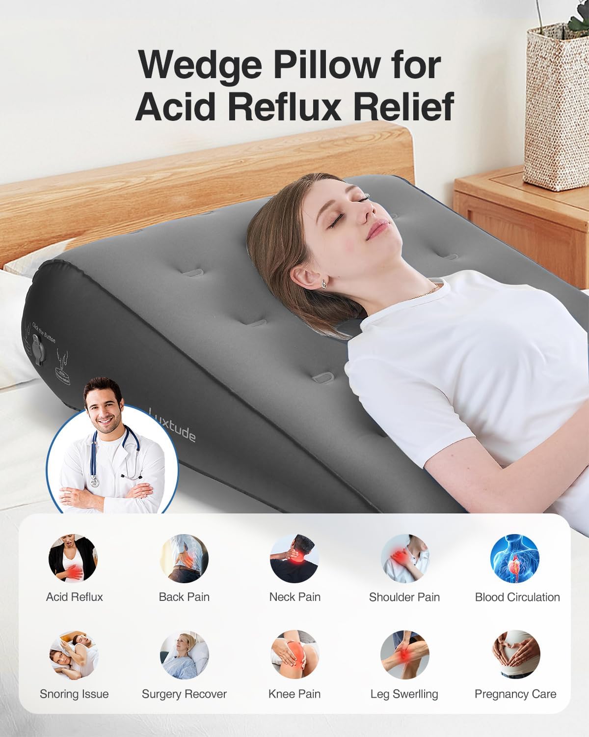 Luxtude Inflatable Wedge Pillow for Traveling, Bed Wedge Pillow for Sleeping, Acid Reflux Relief, Adjustable Travel Wedges Pillows for Sleep Apnea, Post-Surgery, Snoring, Back & Leg Support (Gray)