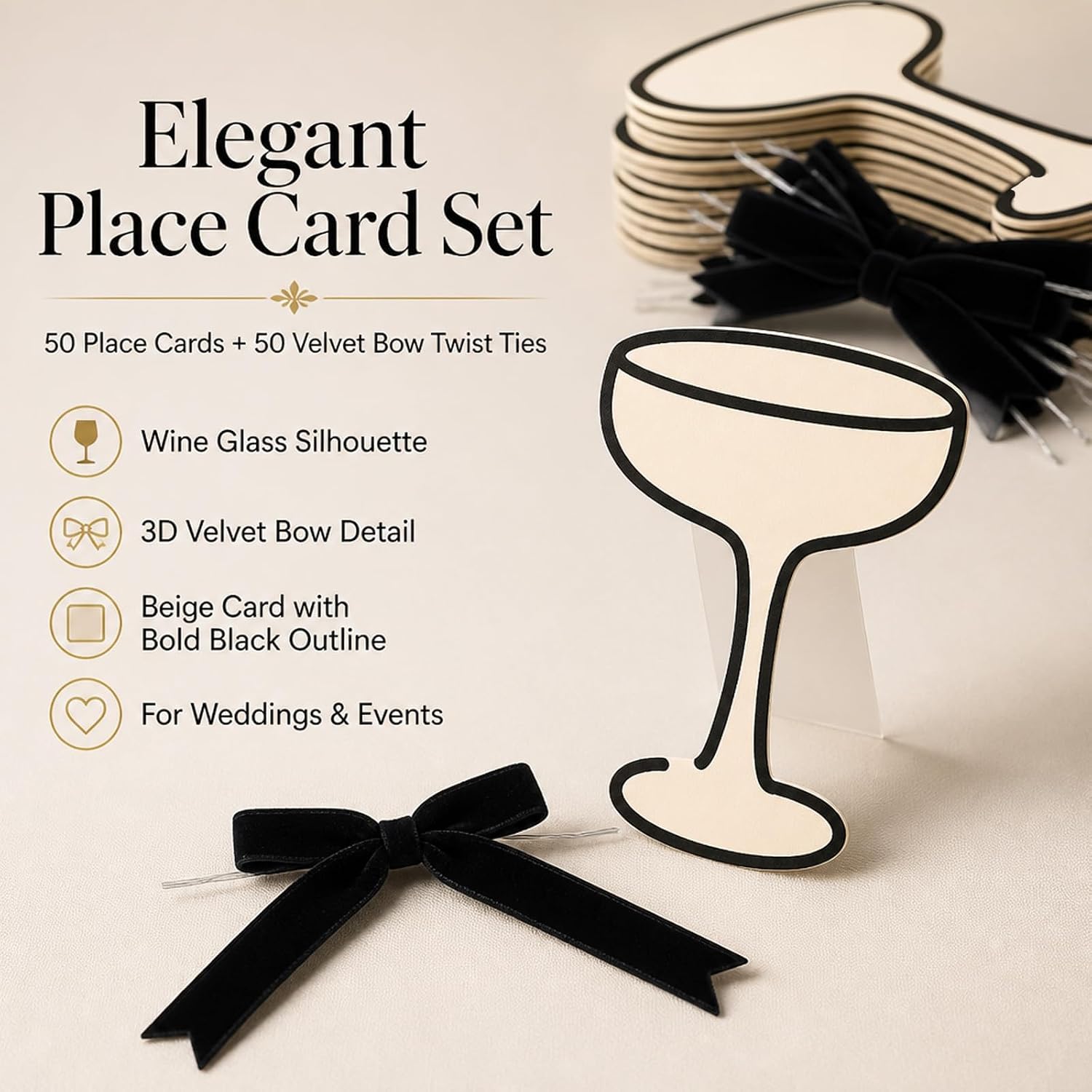 FYSUIMU 50Pcs Wine Glass Place Cards Black Velvet Bow Flat Name Cards Beige Black Seating Card for Wedding Bridal Shower Birthday Table Setting Supplies, 3.5 x 4.4 Inch