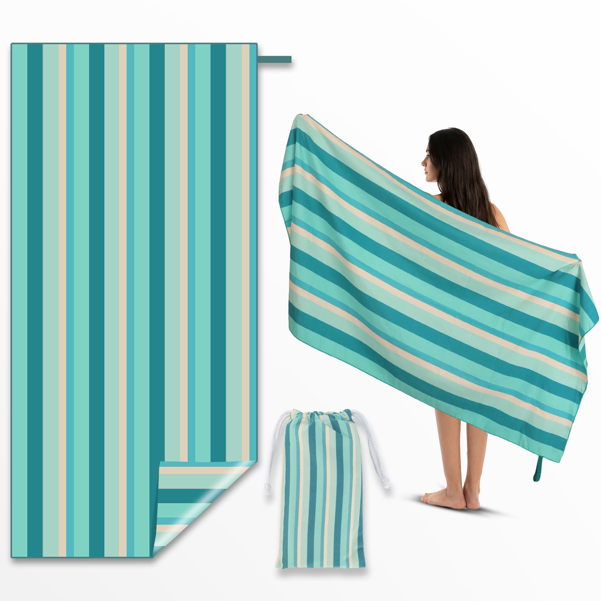 Anavasi Microfibre Beach Towels for Adults - 1 Pack 180 x 90 cm with Drawstring Bag, Quick Dry, Lightweight, Sand Free, Extra Large 100% Recycled for The Beach (Stripe Gradient Cyan) โ image 1