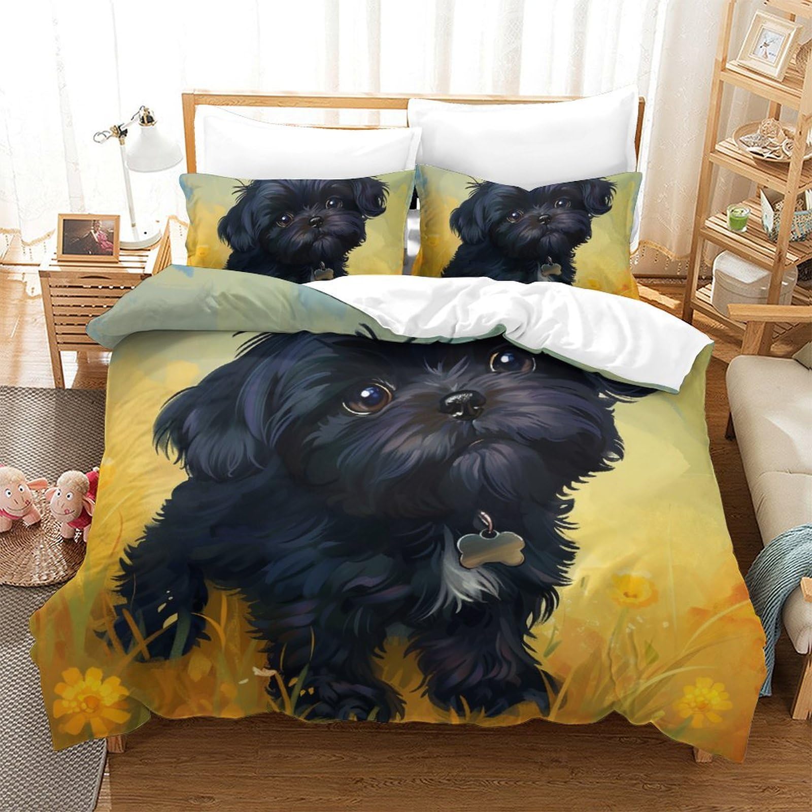 Housse de couette chien 3D anti-plis avec fermeture éclair pour lit double ado 200x200