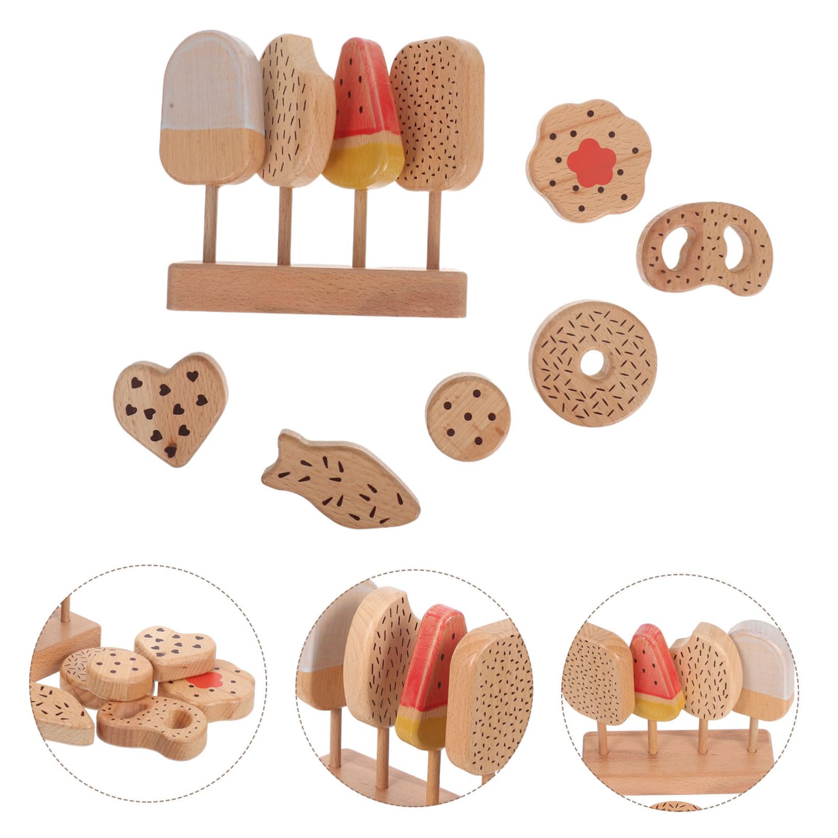VANZACK Giocattolo di Finzione per Ragazzo Ragazza Gelato e Ciambelle in Legno Set da Cucina Simulato Accessori per Giochi di Ruolo Cibo Finto Educativo per Cucina Giocattolo