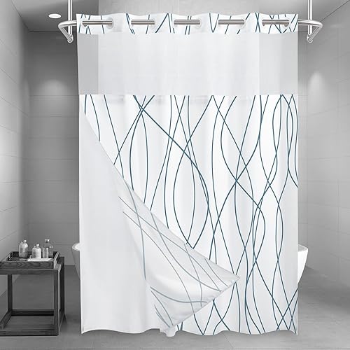 Miniatura 10 de Juego de cortina de ducha larga a rayas gris y blanco degradado sin gancho con forro a presión - Juego de cortina de ducha y forro de hotel