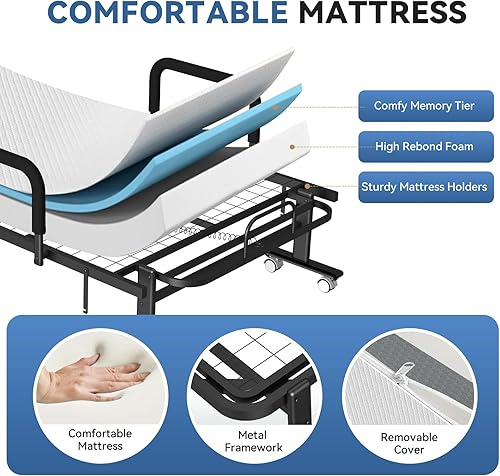 Miniatura 5 de Cama de invitados plegable con respaldo ajustable de 6 posiciones, marco de metal con soporte de malla de acero, portátil con ruedas, incluye
