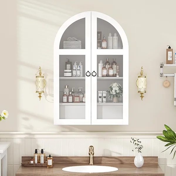 Medicine Cabinet with Tempered Glass Door, Arched Bathroom Wall Cabinet with Adjustable Shelf, for Kitchen, Living Room, Entryway, Laundry Room, Apartment, Office, Small Space, White