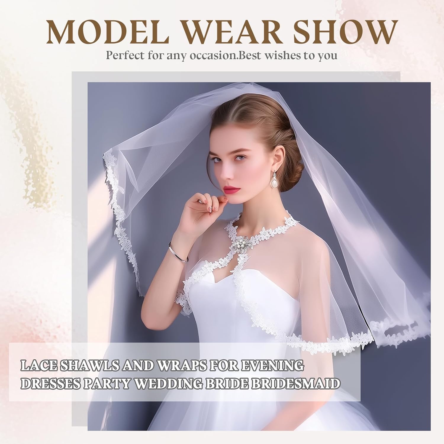 White Lace Shawl Wraps For Women Formal, Bolero Shrugs Shoulder Cover For Evening Dresses Formal, Wedding Bridal Cape Lace Cover Up Chiffon Scarf - Image 4