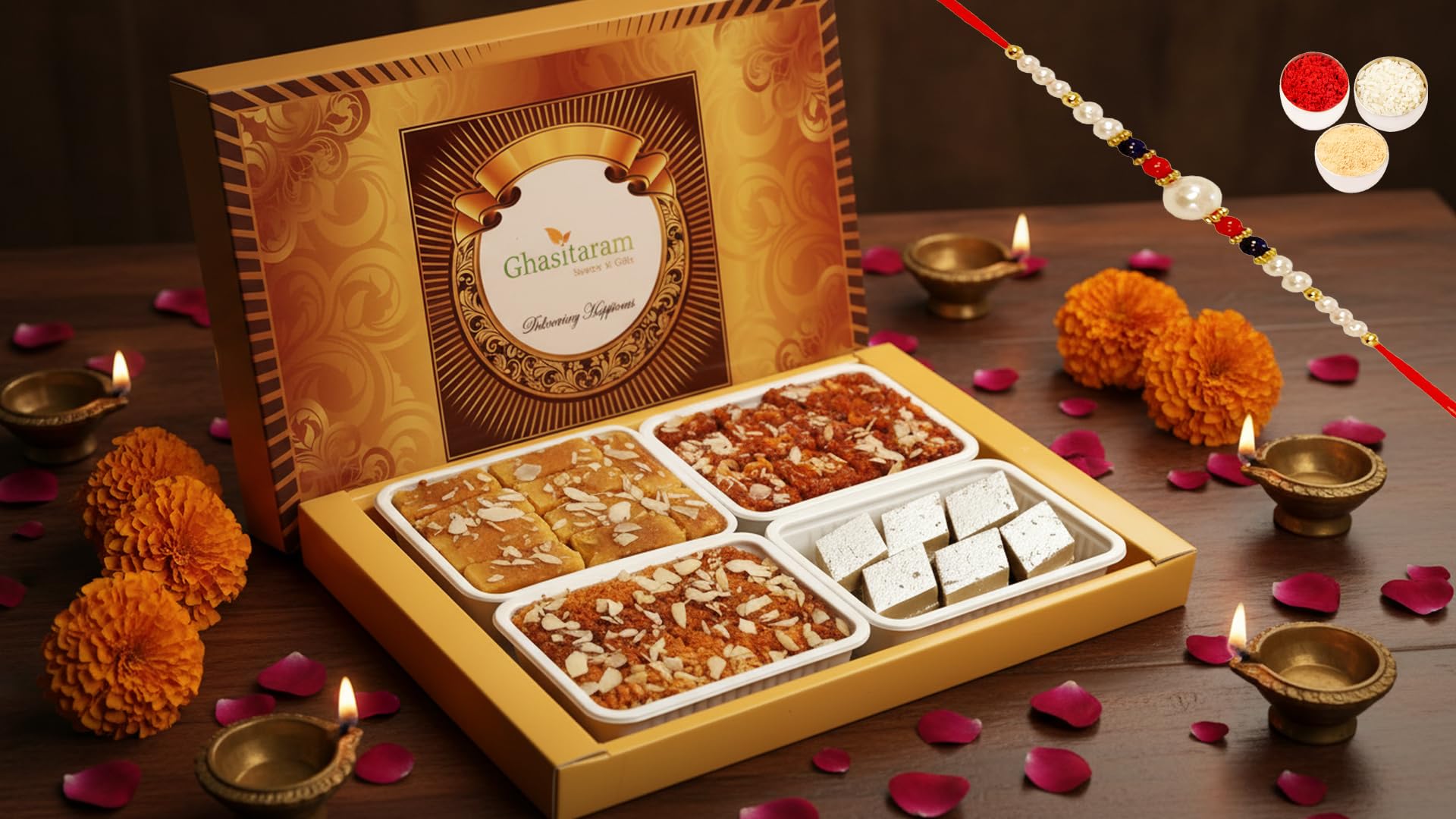 Ghasitaram Gifts Diwali Gifts Big Box of Kaju Katli, Mysore Pak, Dodha Barfi and Milk Cake 800 GMS|Sweets Gift Pack|Diwali Sweets|Indian Mithai|Diwali Sweets Gift Box|Sweets Gift Box|Kaju Katli-image-41