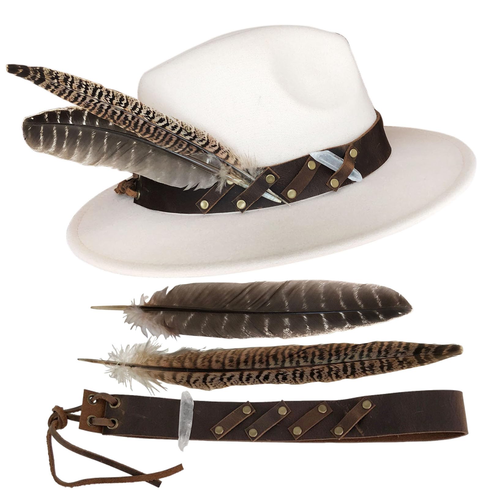 TCOMVEZ Hat Bands for Women Cowboy Hat Band Genuine Leather Fedora Western Hat Band for Men with 2pcs Feather 1pcs Crystal Brown