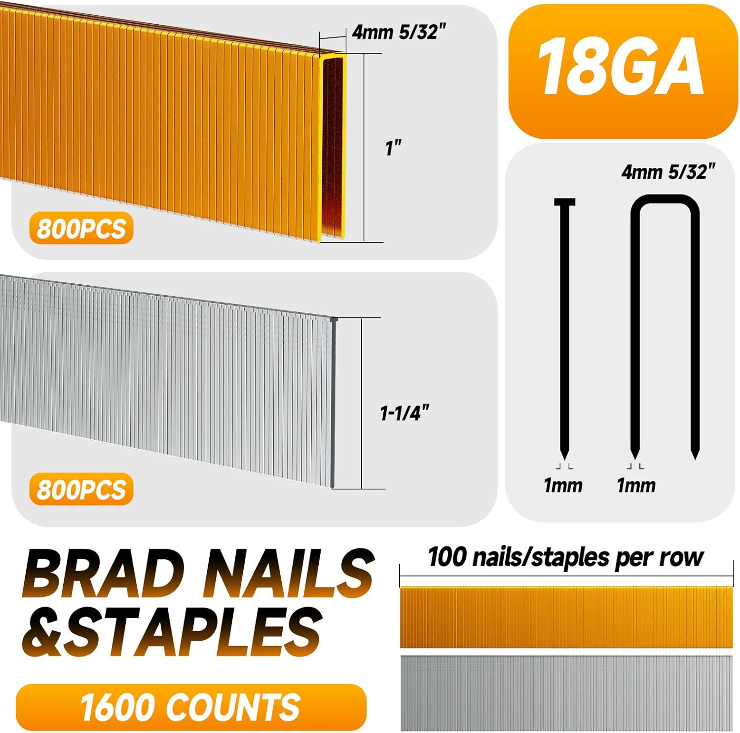 18 Gauge Brad Nails and Staples Set, 1600PCS Galvanized Finish Nails, 800 Brad Nails and 800 Narrow Crown Staples for Nail Gun, Woodworking, Carpentry, Furniture & DIY Projects(Nail Gun Not Included)