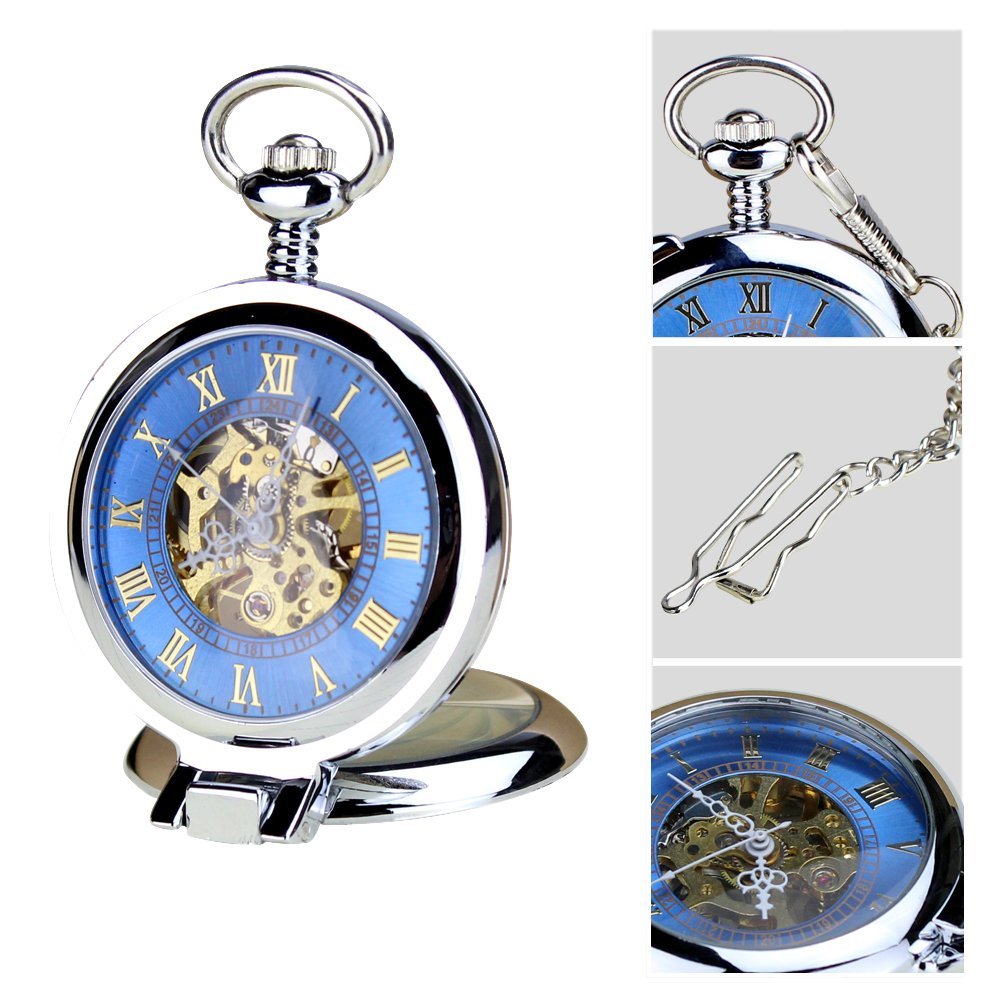 KTC Vintage Silver Color Hand-Wind Mechanical Blue Hollow Dial Roman Numeral Pocket Watch