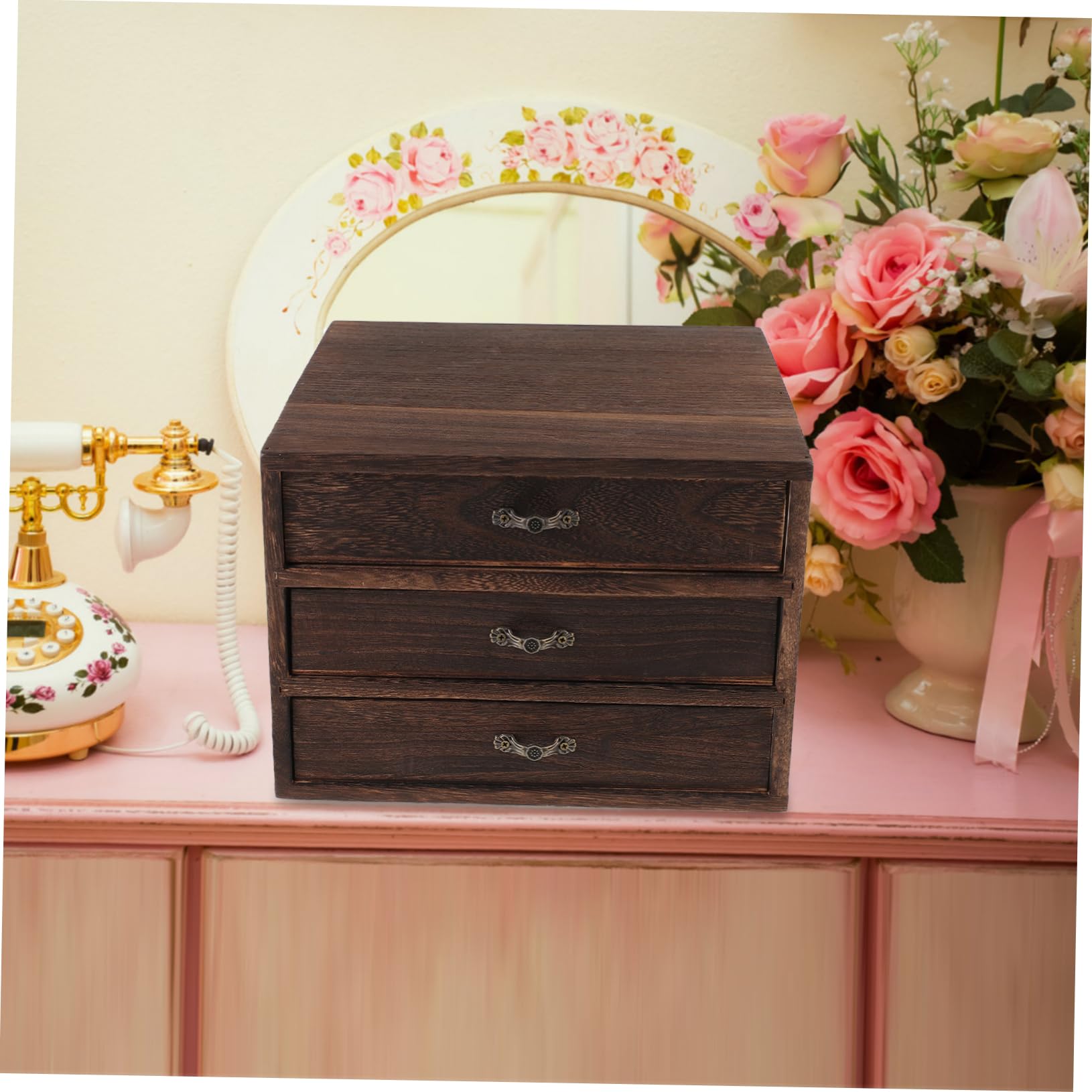Vintage Holz Aufbewahrungsbox Mit Schublade Schreibtisch-Organizer Für Schlafzimmer Büro Und Wohnzimmer Leichte Und Praktische Holzkommode Für Schmuck Und Geschenke