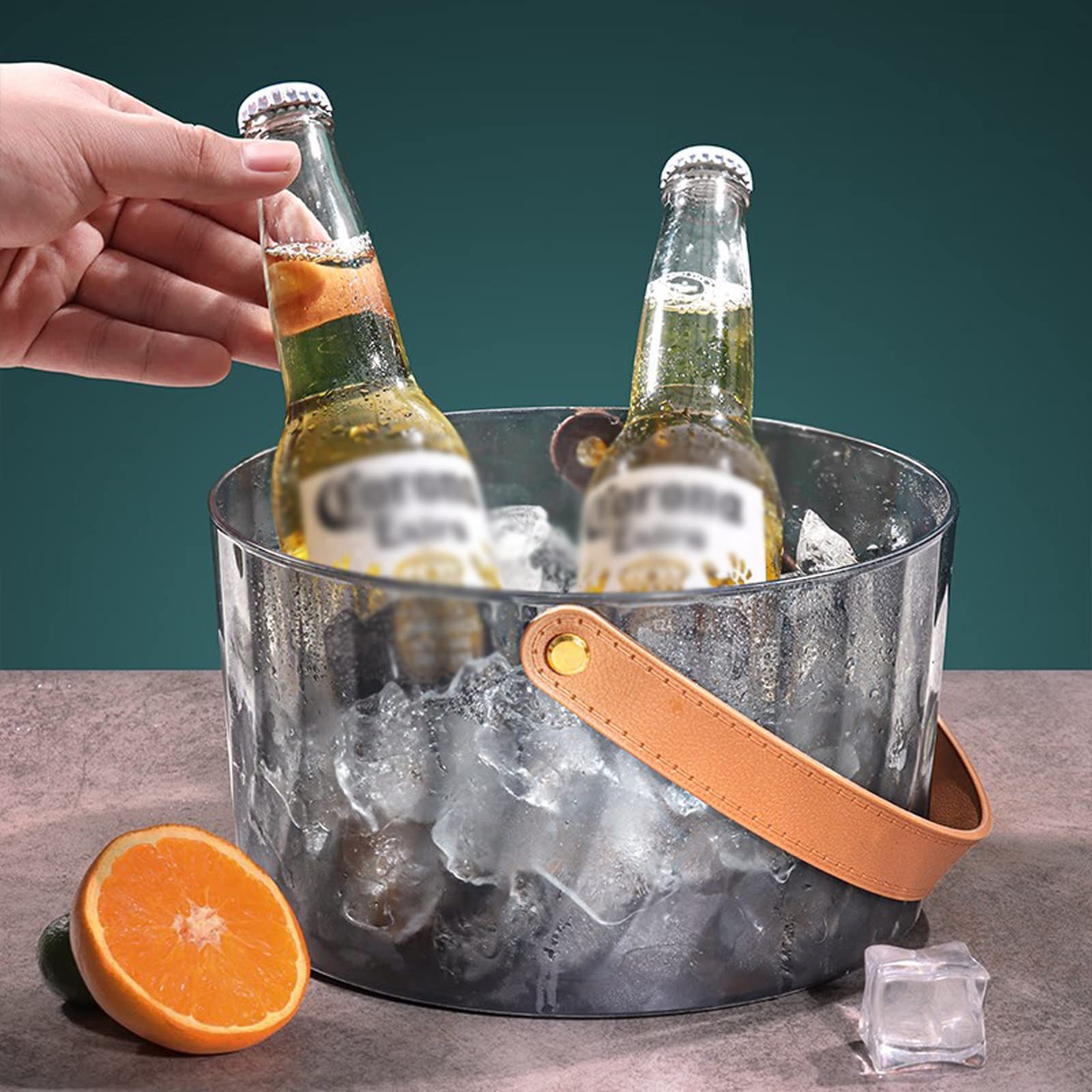 Fiesta Cubitera de acrílico gris con mango cuero marrón, 3 litros, moderna, lujosa, grande, portátil, cómoda, asa transporte, ideal for bar en casa, cerveza fría y champán Recipiente para bebidas