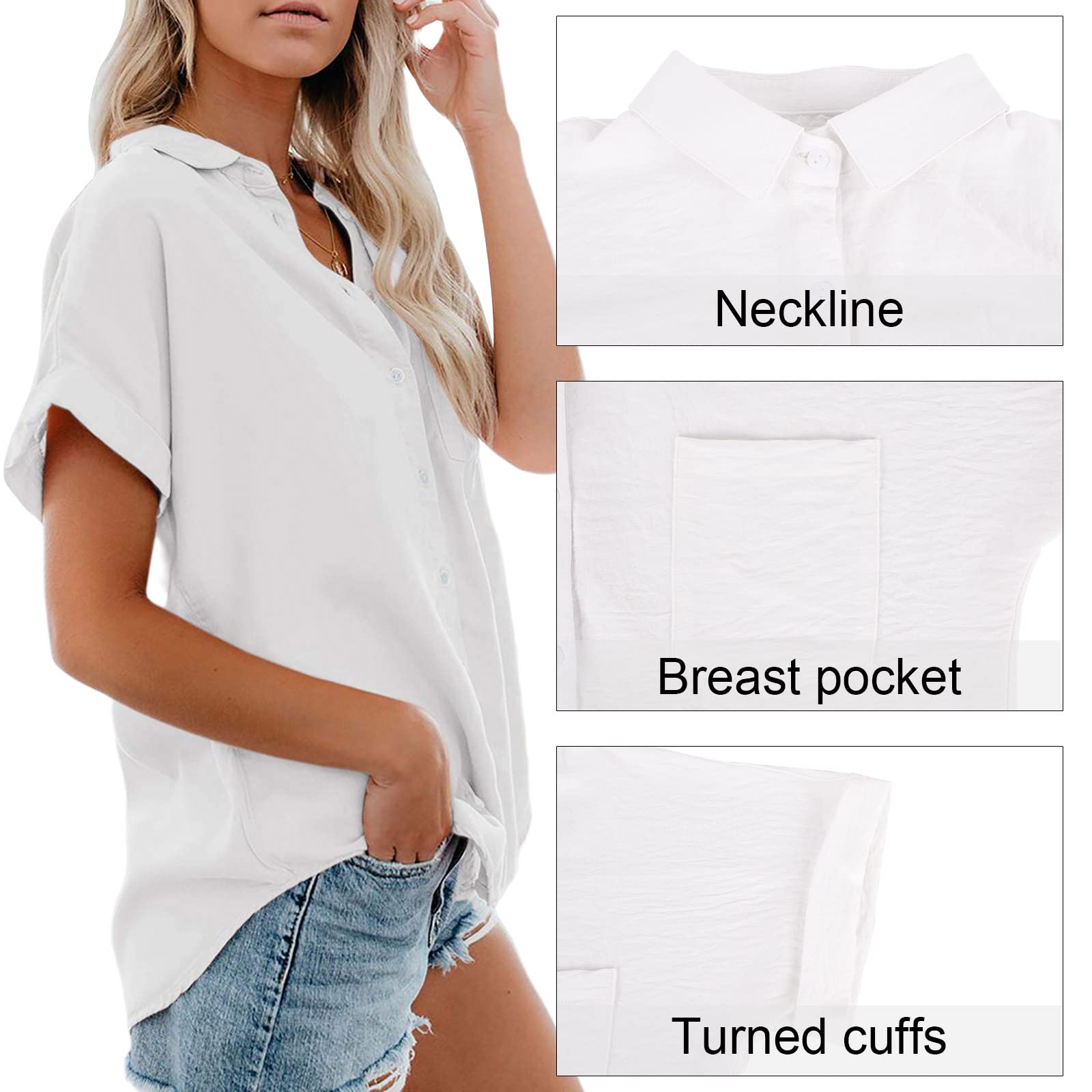 Xnova Bluzki Damskie Koszule Krótki Rękaw Guzik Oversize Eleganckie, Biznesowe Topy z Kołnierzykiem i Kieszeniami na Klacie, Casualowe Bluzki Bluzki Top Leisure