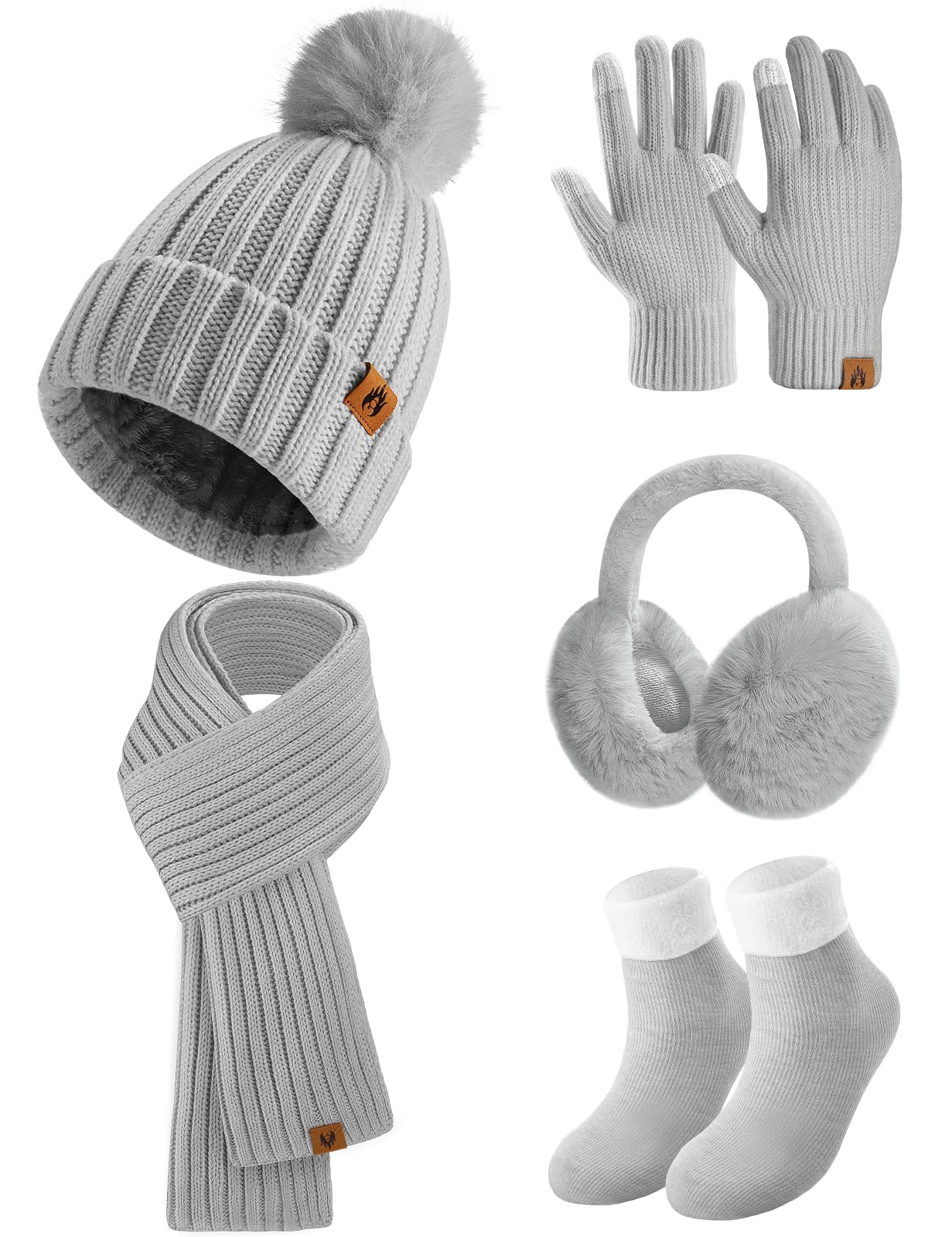 Knitted Hat and Scarf Set 5 PCS Ski Outing Set Winter Plush Ear warmers Warm Long Scarf Beanie Hat and Touch Screen Gloves Set Women Thermal Socks for Skiing Hat Outdoor Sports