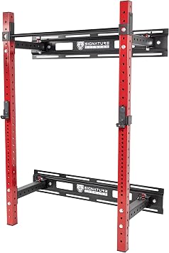 Signature Fitness Fitvids 3 x 3 Wall Mounted Fold-in Power Cage Squat Rack with Adjustable Pull Up Bar and J Hooks - Space-Saving Home Gym Sports Training Wall Mount Rack Black