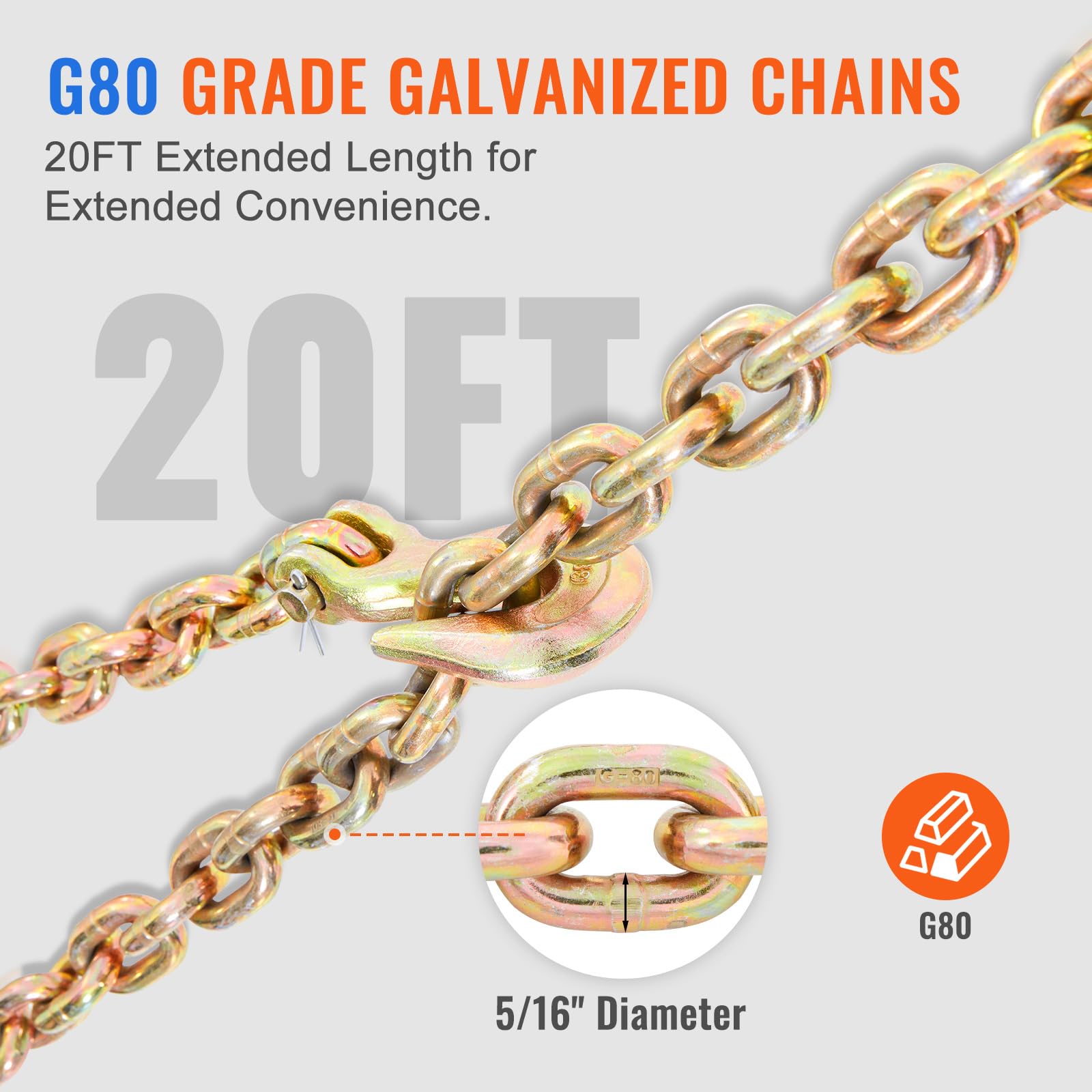 VEVOR Legante a Catena a Cricchetto, Leganti per Carichi Pesanti da 5/16"-3/8", con Catene G80 Limite di Carico Sicuro 3220kg, Maniglia Antiscivolo, Leganti a Catena per Trasporto per Rimorchio