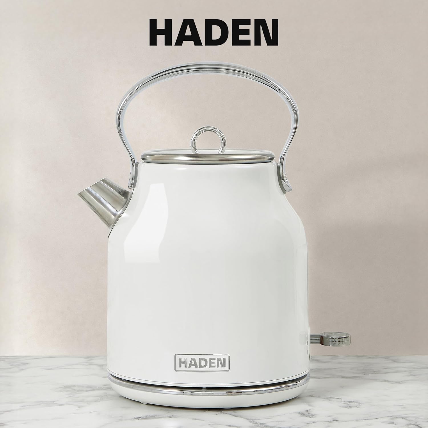 Haden Heritage Stainless Steel Body Retro Electric Tea Kettle, White and Haden Heritage 4 Slice Wide Slot Stainless Steel Retro Toaster, White
