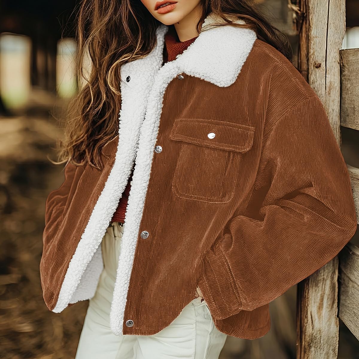 chouyatou Women's Winter Sherpa Fleece Lined Corduroy Coat Button Down Warm Faux Fur Jacket Outerwear