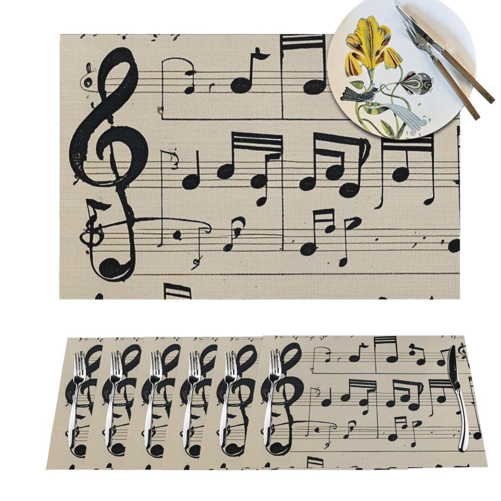 Sets de table tissés lavables en PVC pour table à manger et cuisine décoration partition de musique