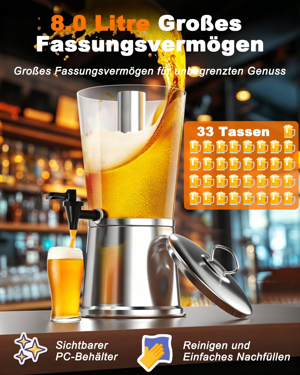 Biertower 8,0 Liter, Biersäule mit Zapfhahn und Ständer, Getränkespender mit Kühlung, für Limonade, Saft, Wasser, Getränke - Robuste Zapfsäule für Party, Grillen & Events Transparent/Silber