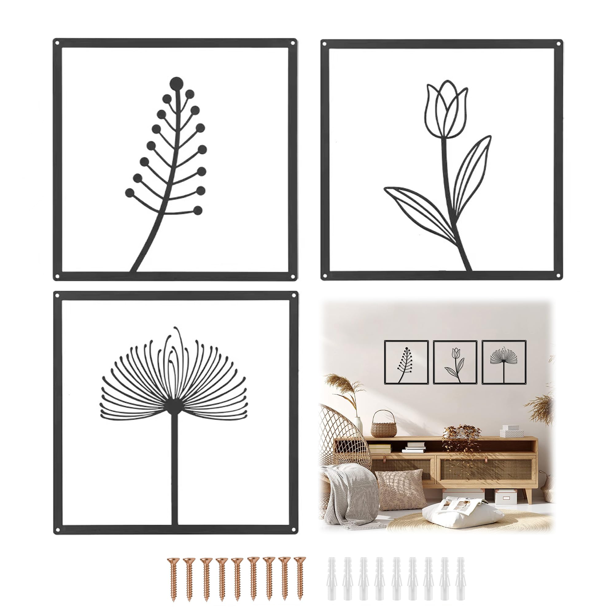 jinminamz Decoración Habitación Decoracion Hogar, Home Decor Decoracion de Pared para Dormitorio Salón Cocina Exterior, Decoracion de Salones Flor Plantas Simple Negro, 25cm