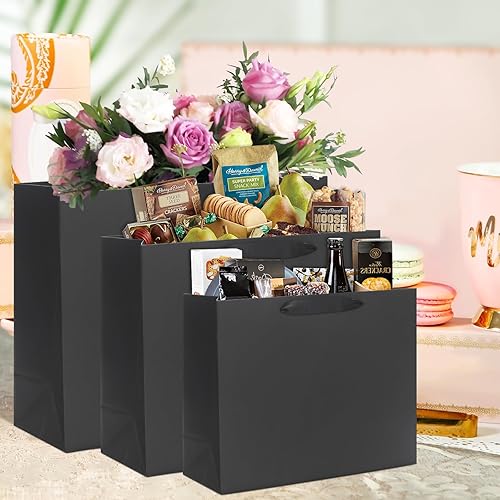 Miniatura 7 de QIELSER Paquete de 18 bolsas de regalo negras a granel, bolsas de compras de papel kraft resistentes con asas de cinta para recuerdos de fiesta,