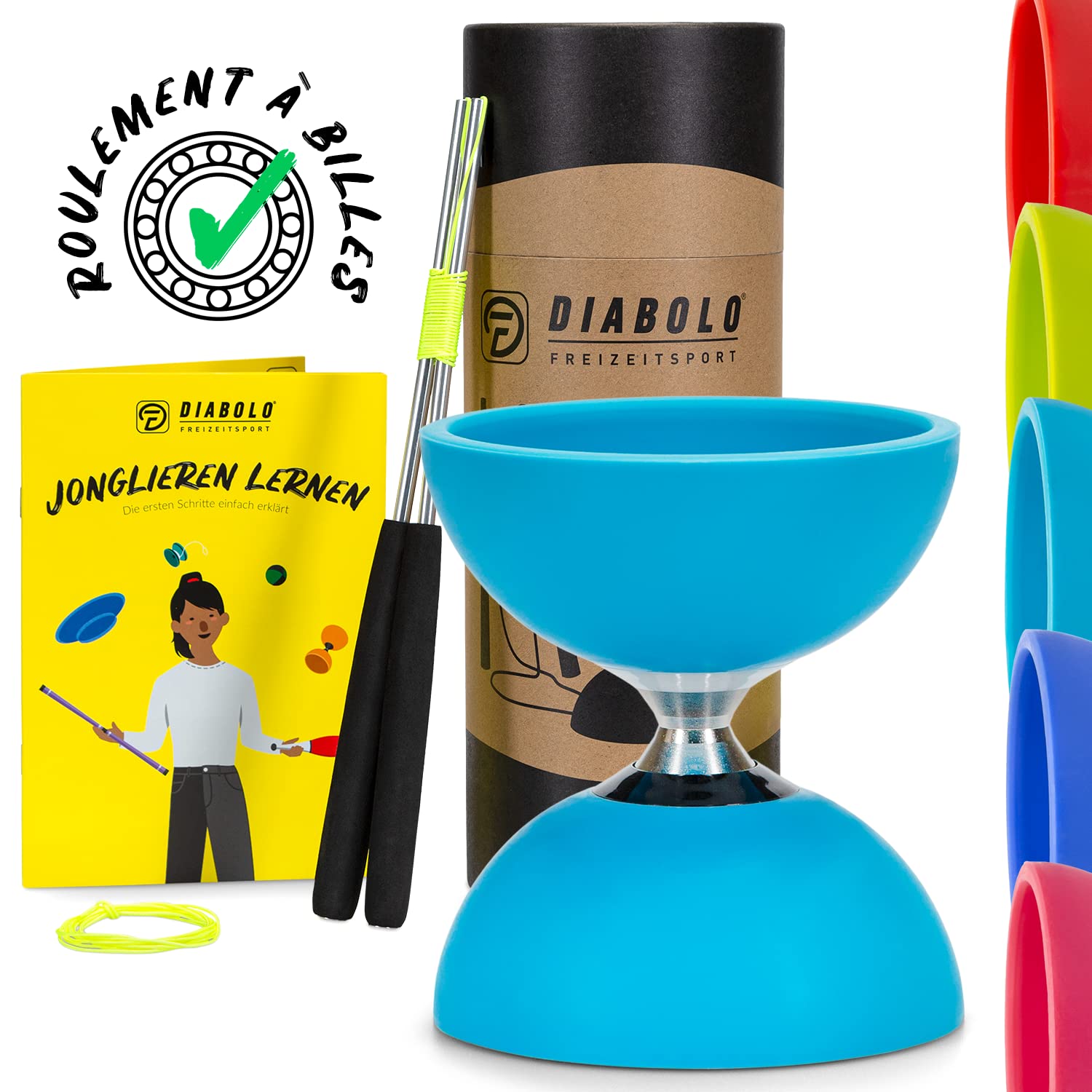 Diabolo Set de Jonglage Pro Roulement à Billes Turquoise Baguettes Aluminium Ficelle 160cm Guide Inclus
